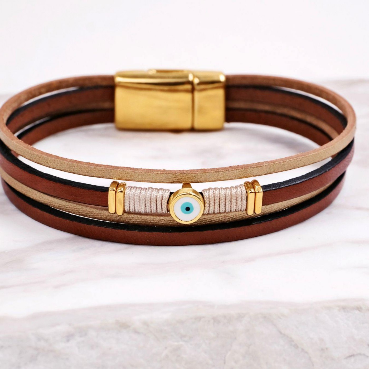 Brown Leather Bracelet | Enamel Evil Eye — Bracelets from Toolittle — additional view 2