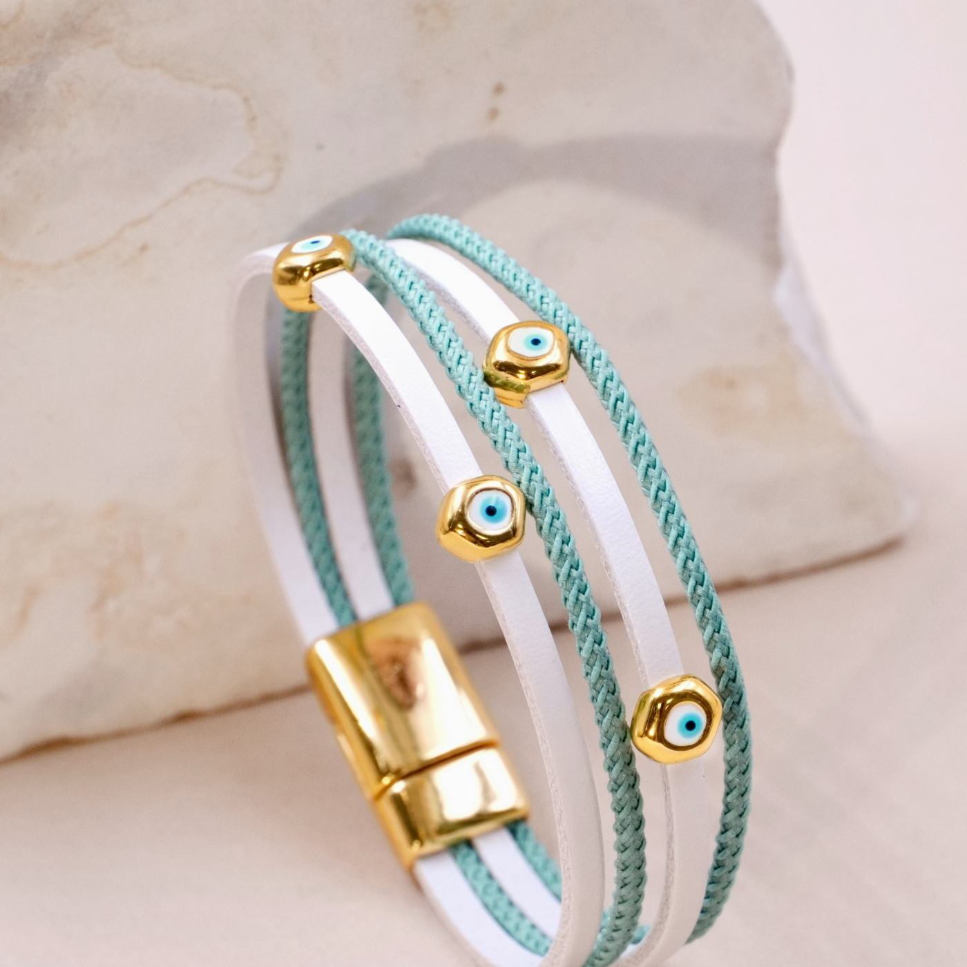 Pebble Evil Eyes Leather Bracelet