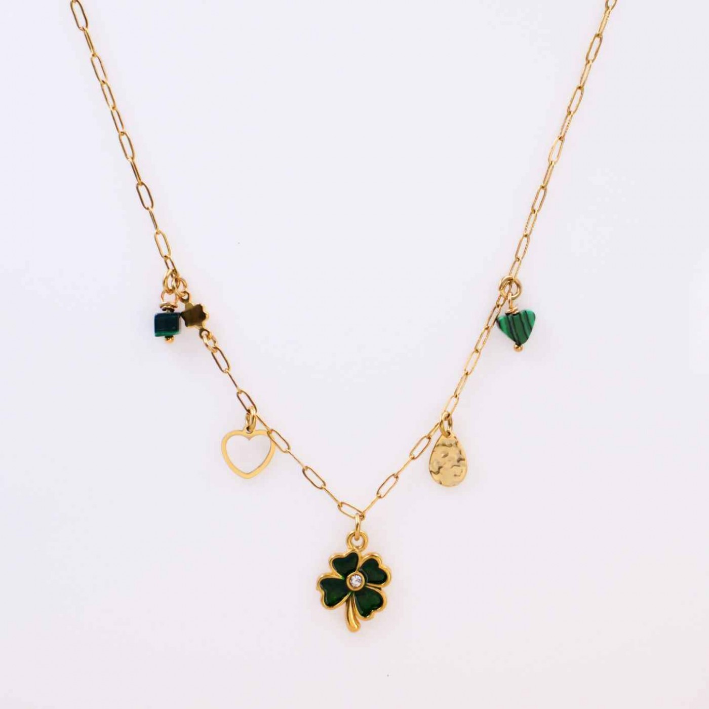 Steel Charms Necklace - Four Leaf Clover & Malachite — Necklaces from Toolittle — additional view 3