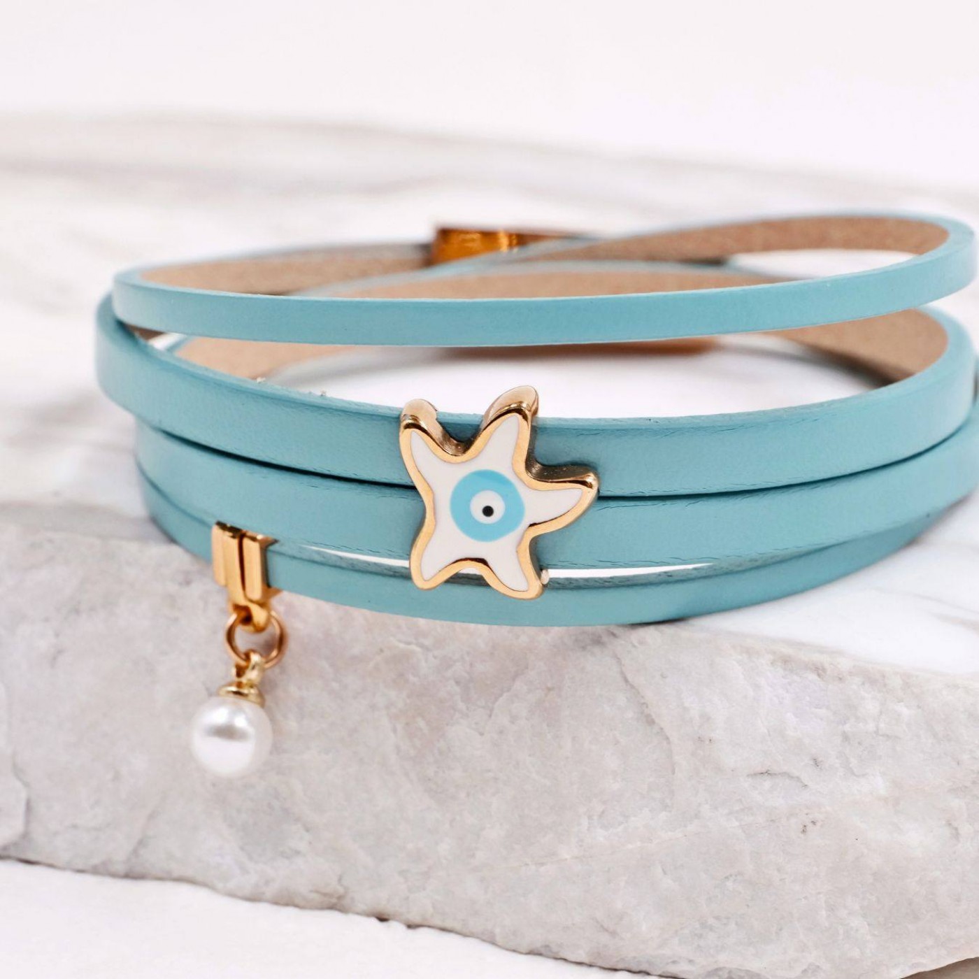 Leather Bracelet with Starfish & Pearl | Turquoise — Bracelets from Toolittle — additional view 2