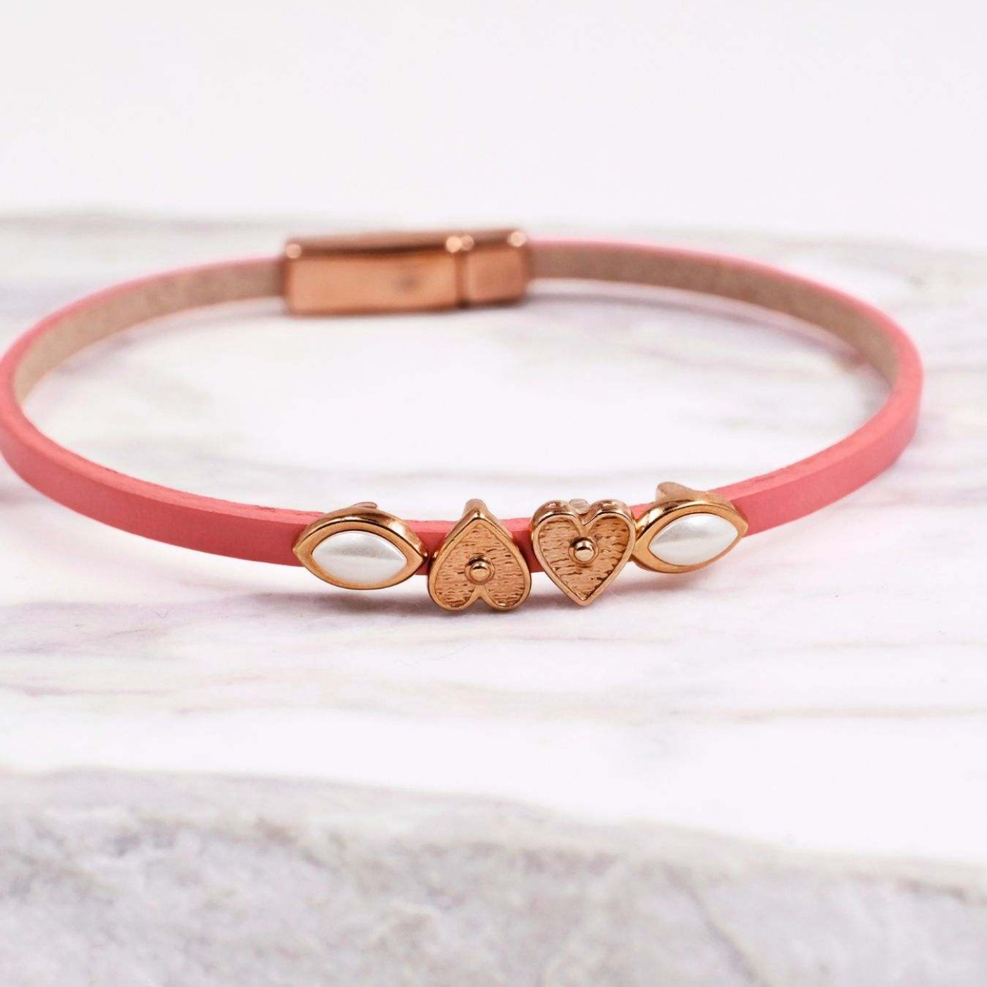 Metal Heart & Pearls Leather Bracelet | Coral — Bracelets from Toolittle — additional view 2
