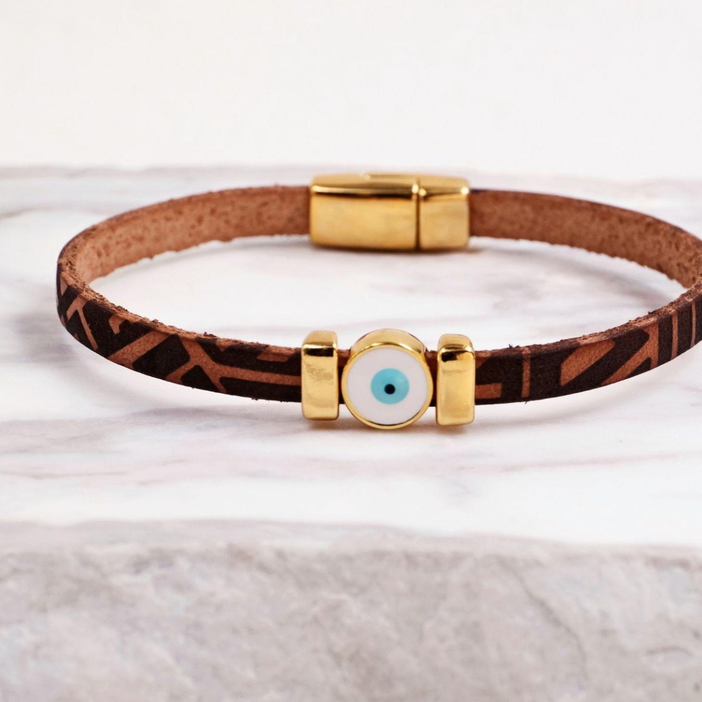 Women's Evil Eye Bracelet | Engraved Leather - Brown — Bracelets from Toolittle — additional view 2