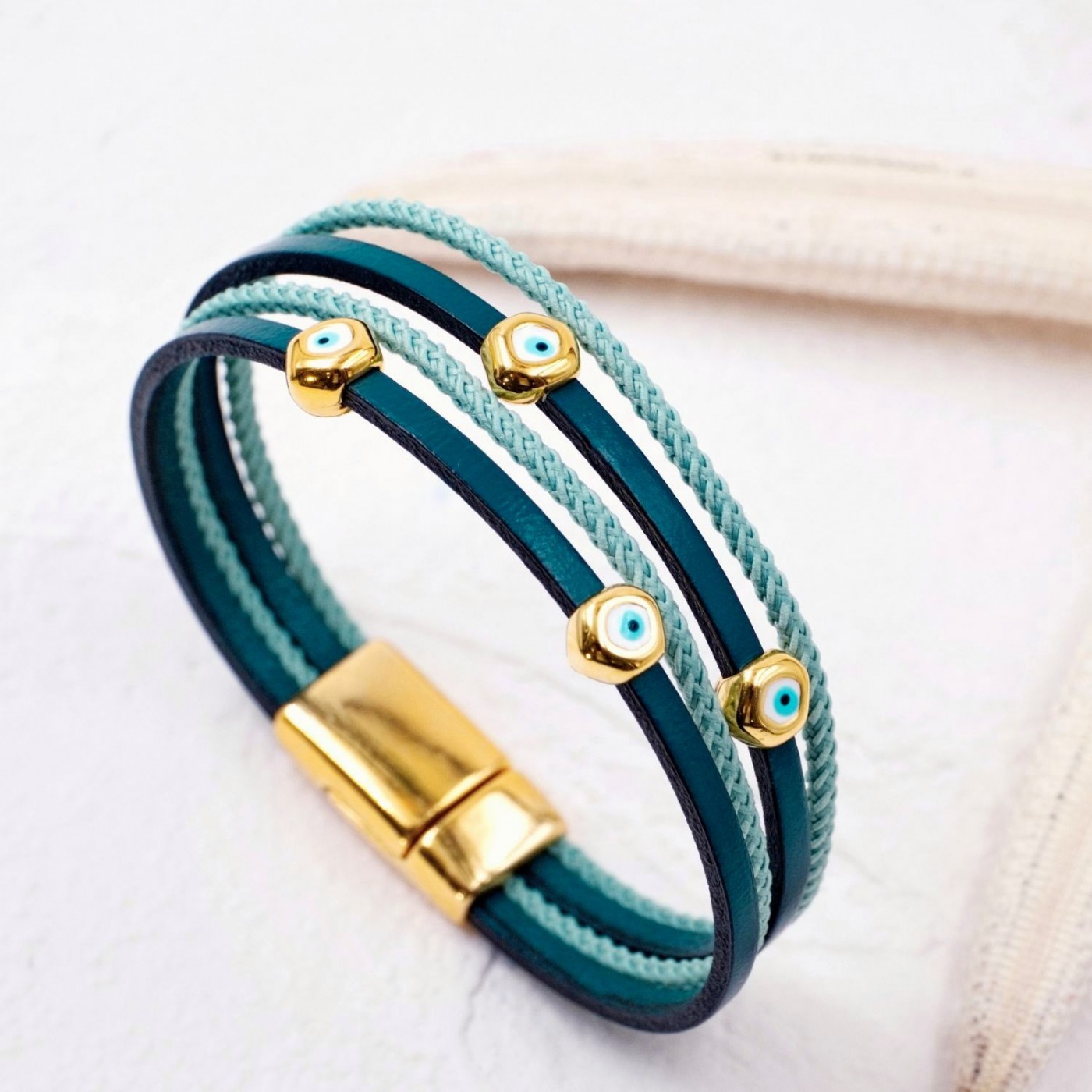 Pebble Evil Eyes Leather Bracelet