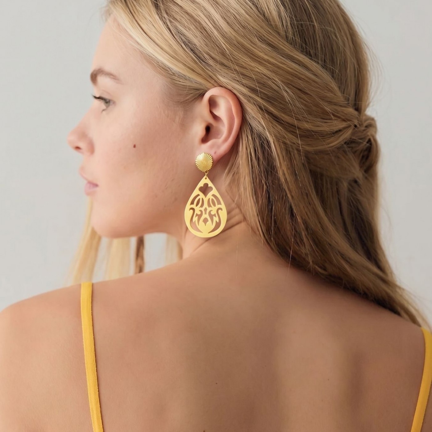 Gold-Plated Earrings | Resin Drops with Pattern - Yellow