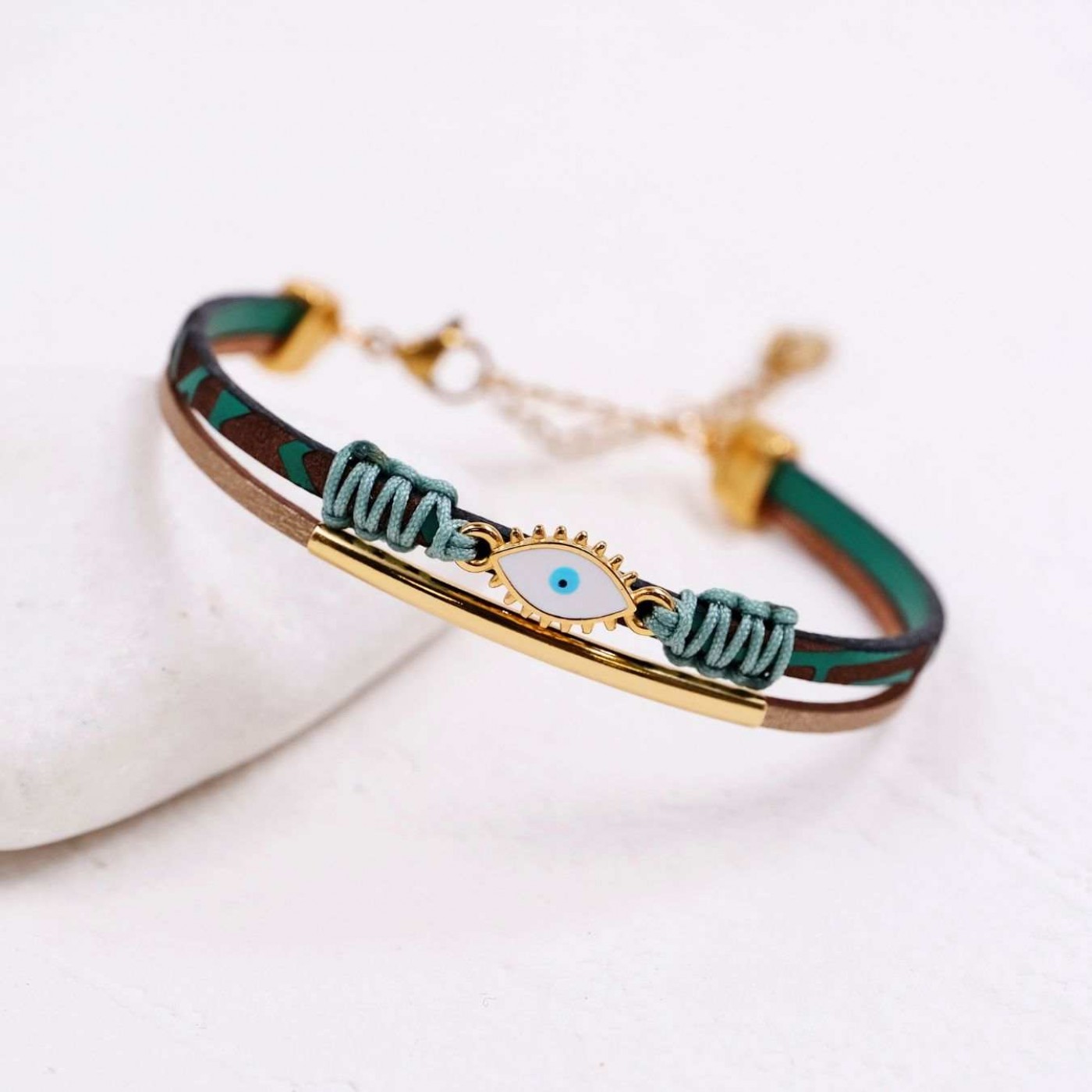 Engraved Leather Bracelet | Enamelled Evil Eye