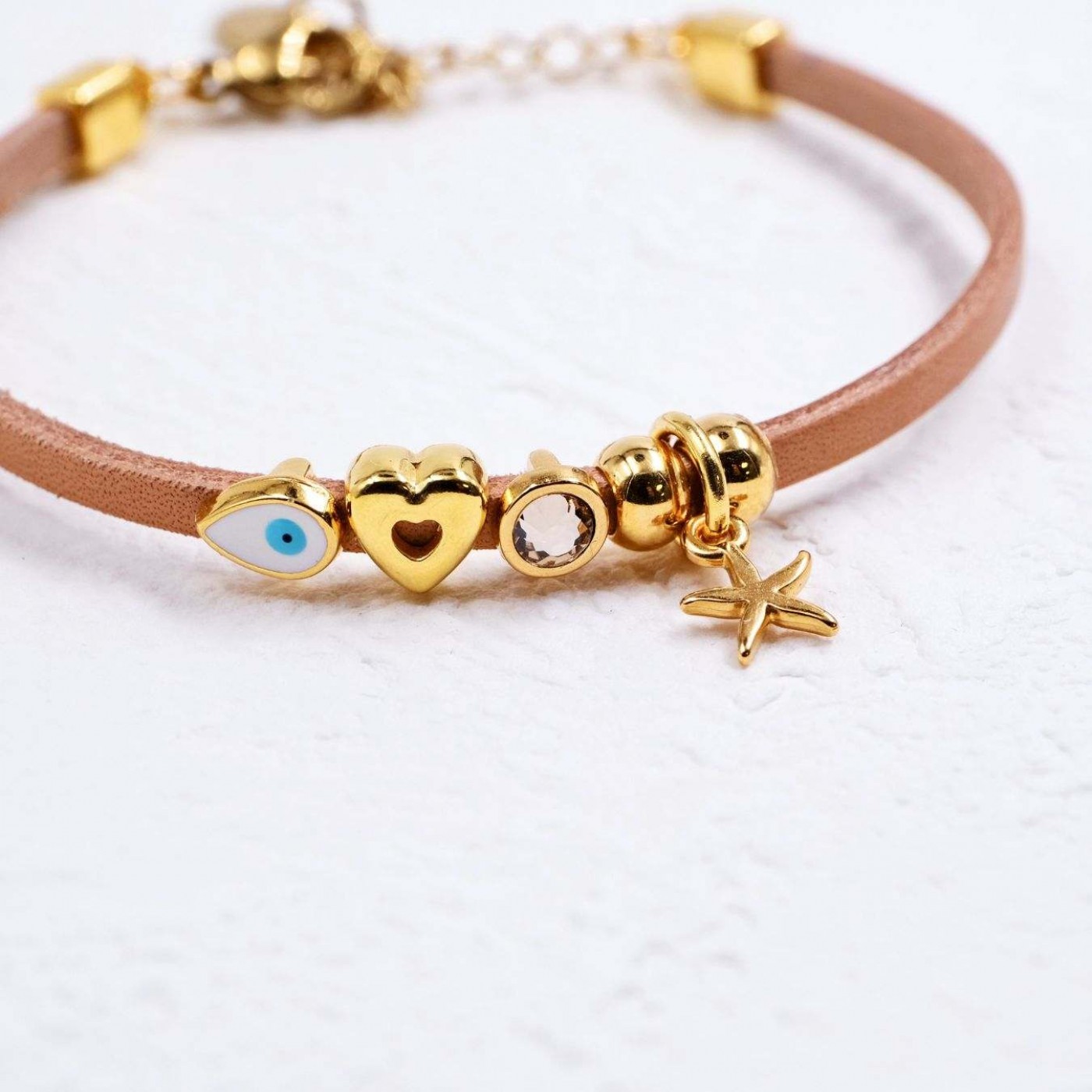 Leather Bracelet | Evil Eye Drop & Starfish - Beige
