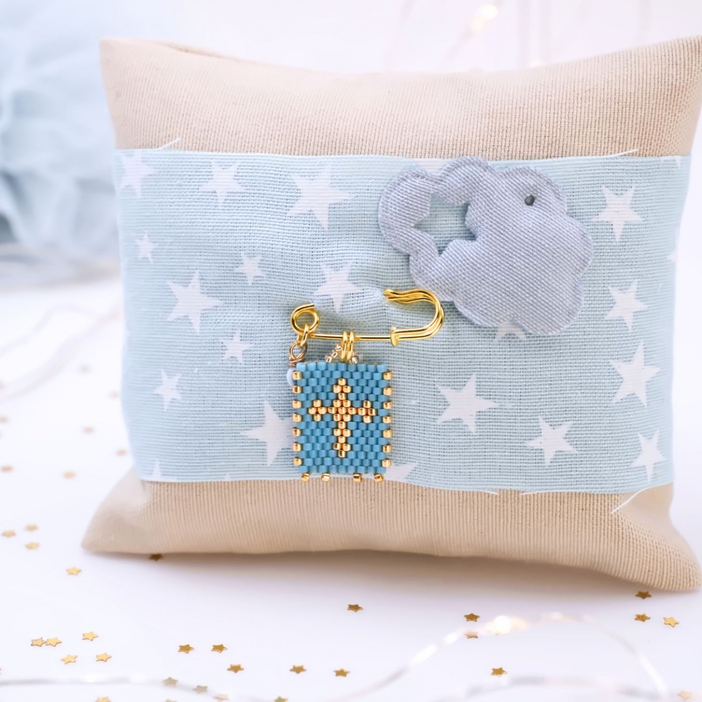 Handmade Newborn Blessing Pillow – Boy: Miyuki Beaded Cross