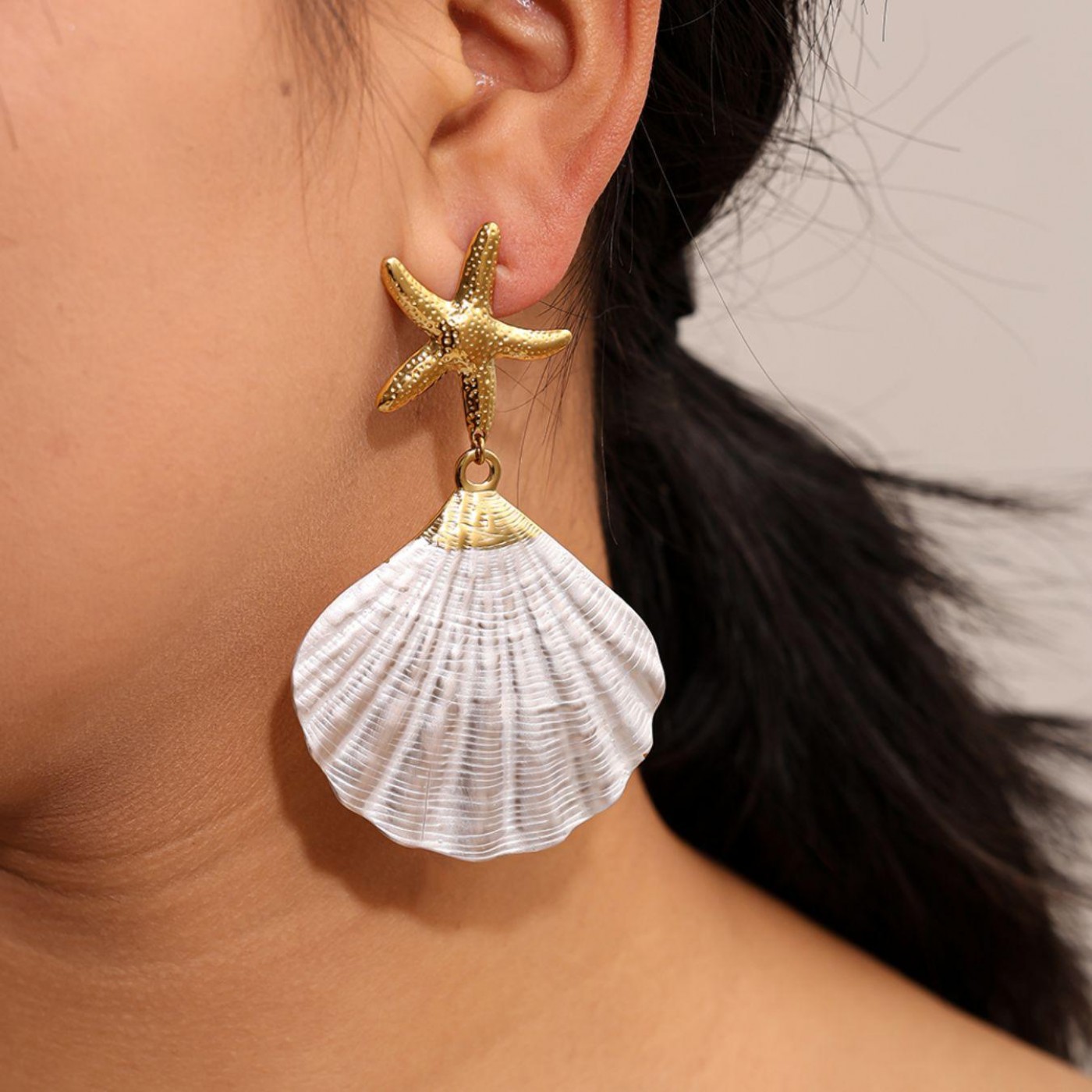 Stainless Steel Earrings – Starfish & Natural Sea Shell — Earrings from Toolittle — additional view 2