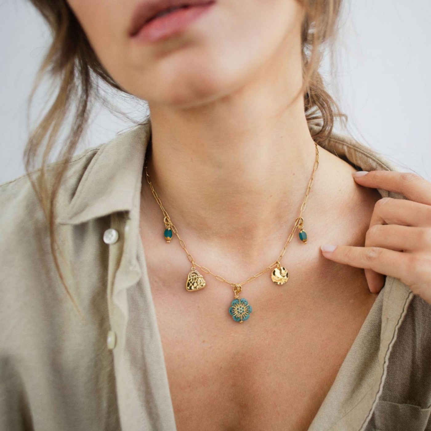 Steel Charms Necklace - Metal Flower & Enamel