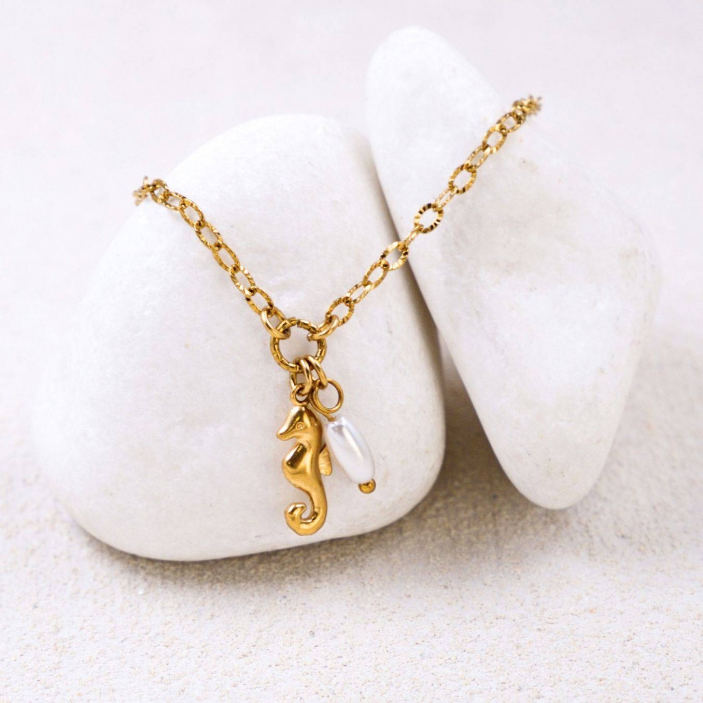 Stainless Steel Jewelry: Gold-plated Bracelet - Seahorse & Fresh Water Pearl — Bracelets from Toolittle — additional view 2