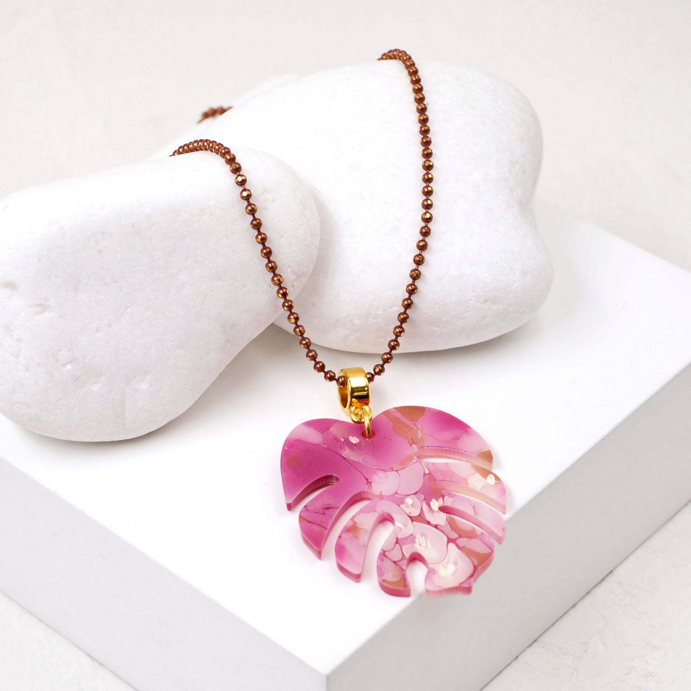Toolittle Long Necklace - Resin Leaf Fuchsia — Necklaces from Toolittle — additional view 3