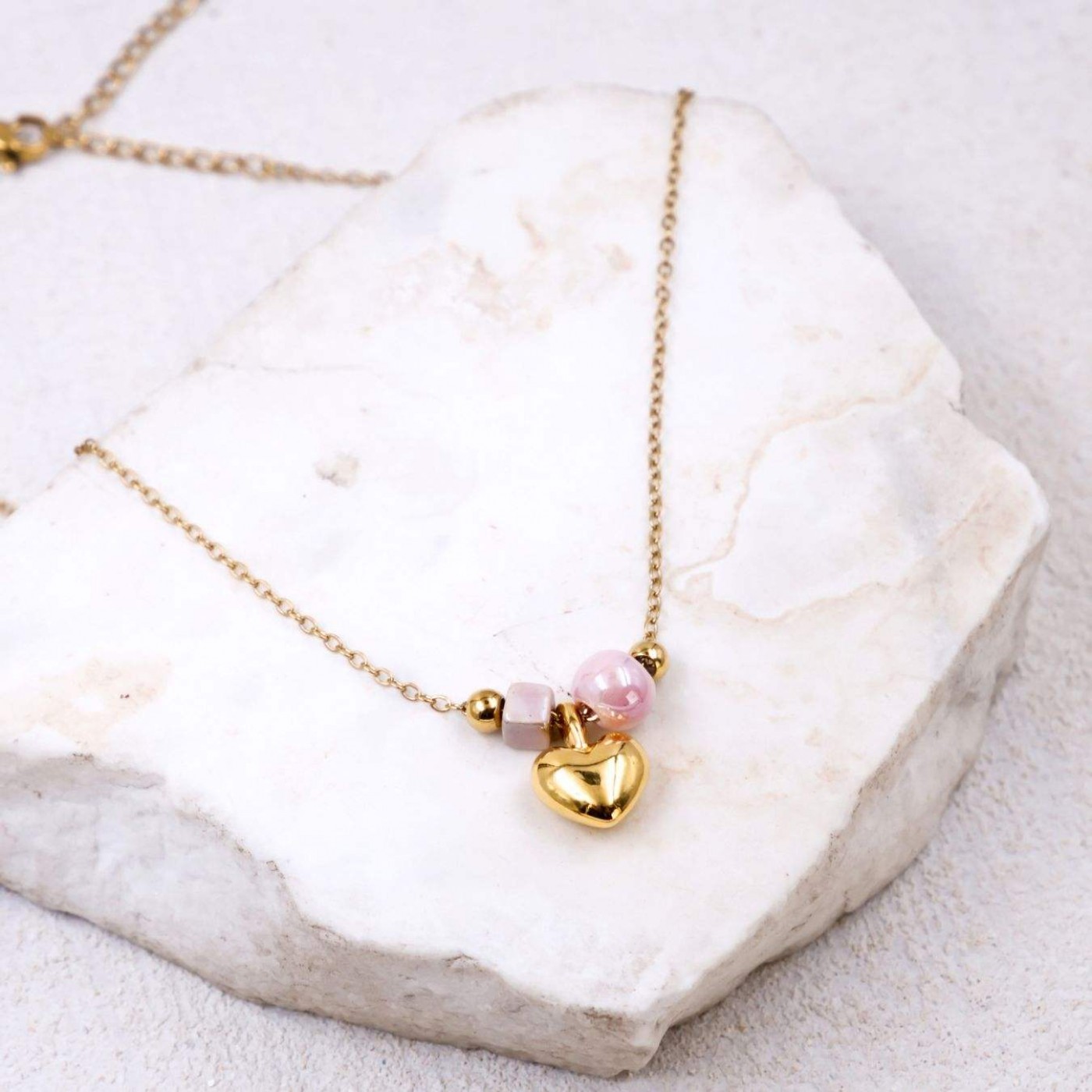 Handmade Gold-plated Necklace: Metal Heart & Ceramic Beads