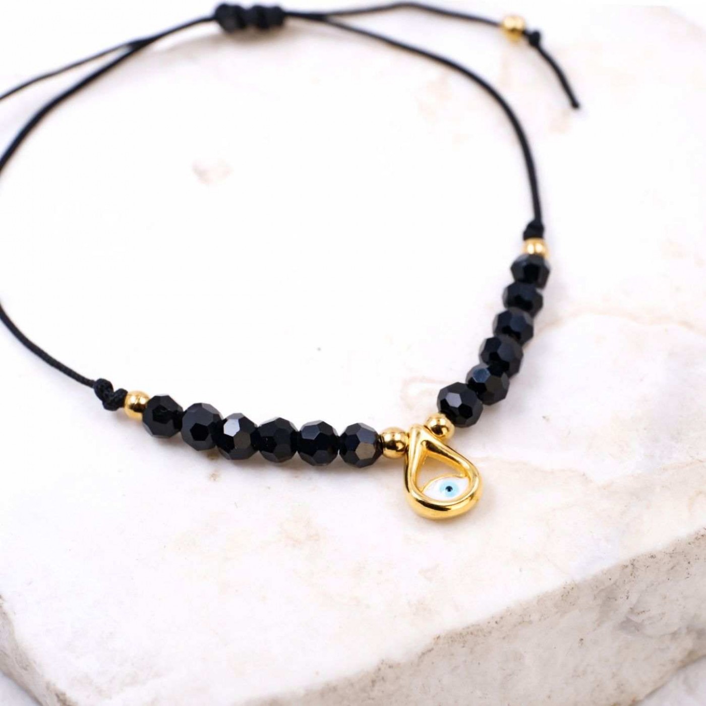 Macramé Bracelet with Gold-Plated Evil Eye & Crystals | Black