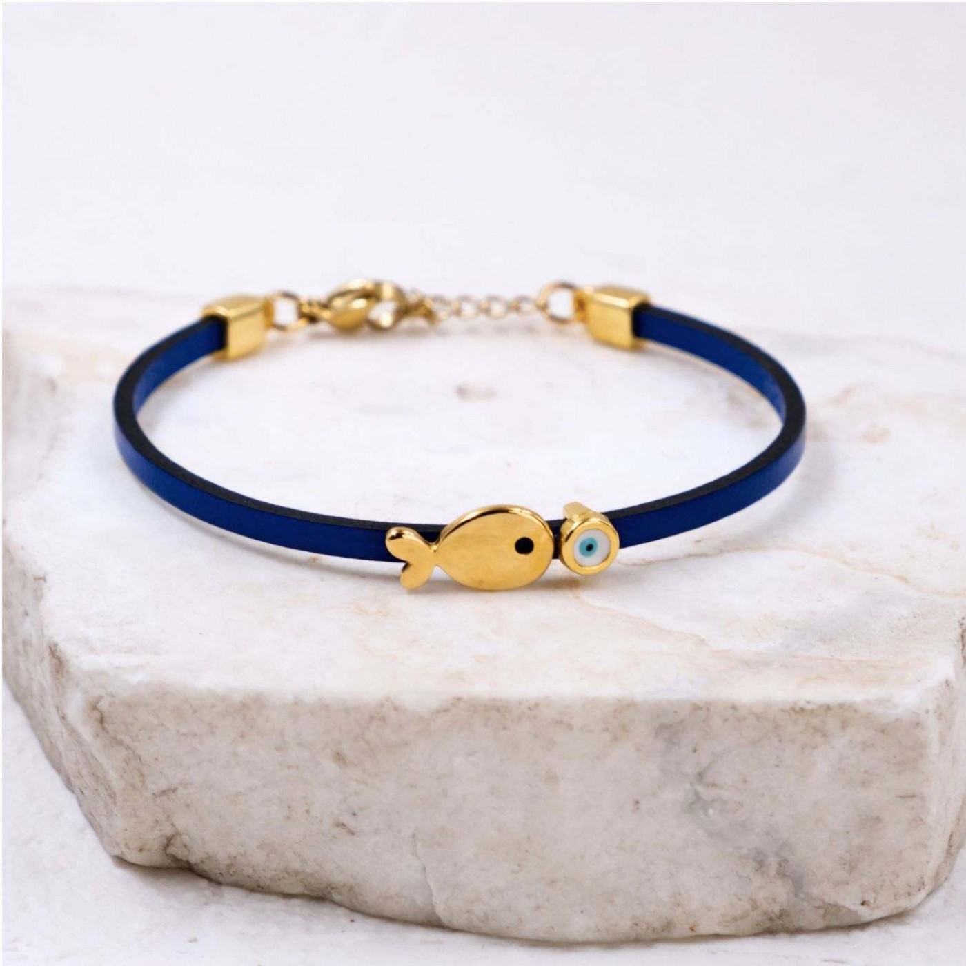 Handcrafted Leather Bracelet | Gold-plated Fish & Evil Eye — Bracelets from Toolittle — additional view 6