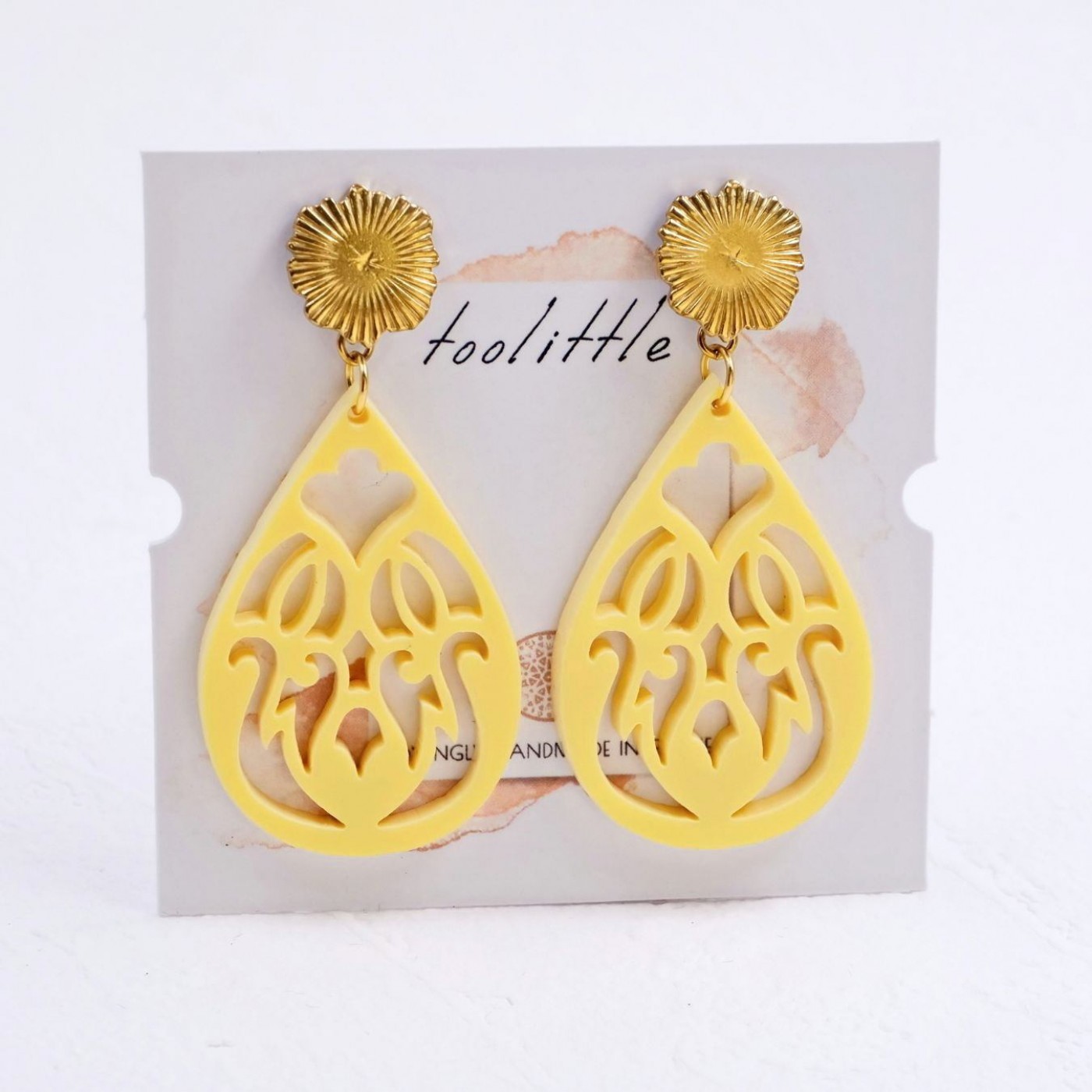 Gold-Plated Earrings | Resin Drops with Pattern - Yellow — Earrings from Toolittle — additional view 4