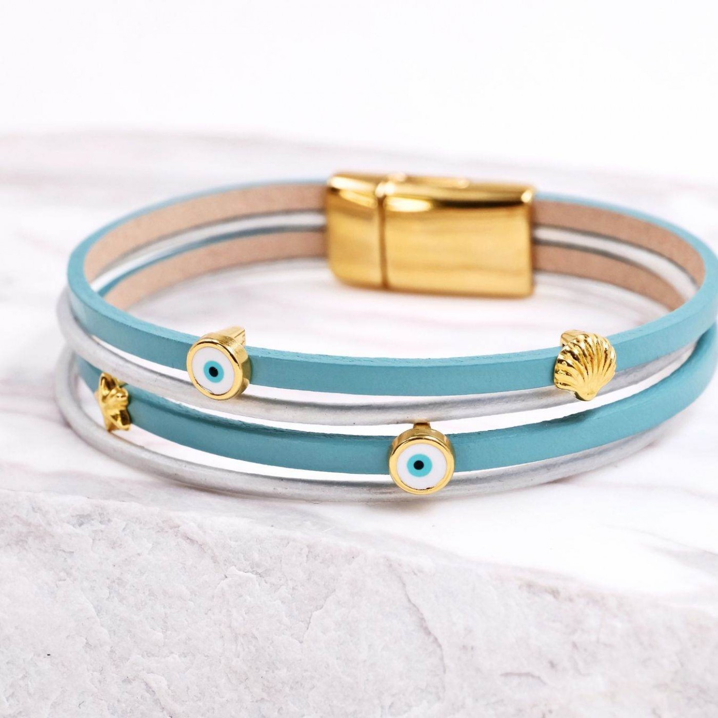 Leather Bracelet with Sea Parts & Evil Eye | Turquoise — Bracelets from Toolittle — additional view 3