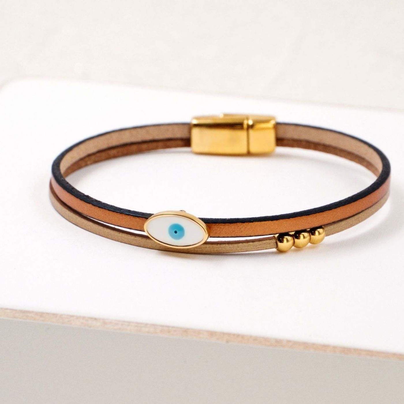 Evil Eye Handcrafted Leather Bracelet with Magnetic Clasp | Brown — Bracelets from Toolittle — additional view 2