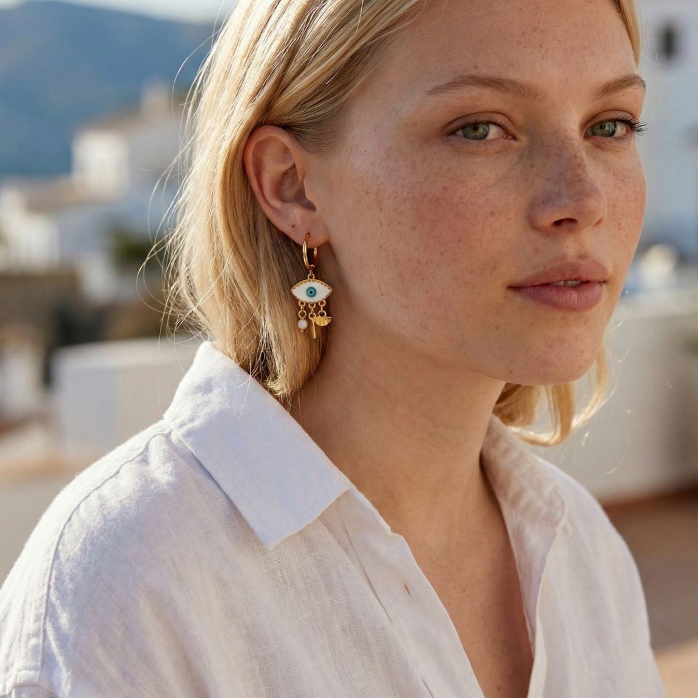 Gold-plated Hoop Earrings | Enamelled Evil Eye — Earrings from Toolittle — additional view 4