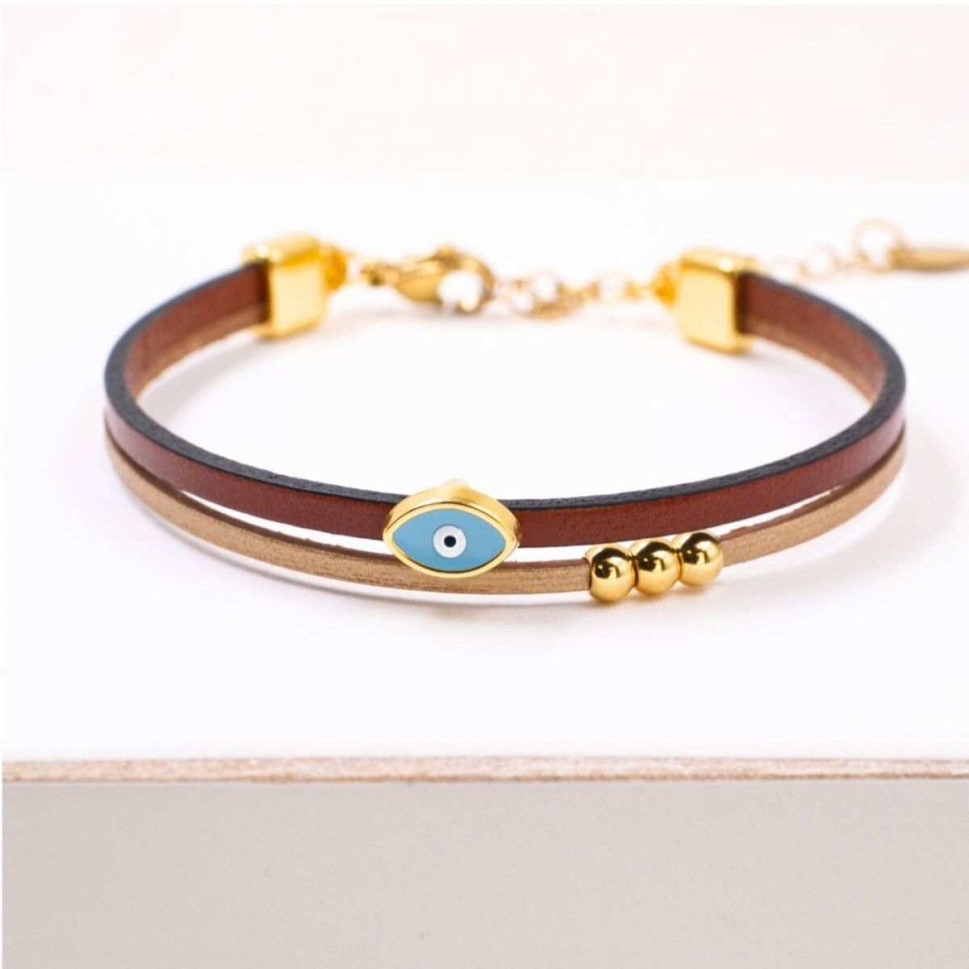 Handcrafted Leather Bracelet with Gold-Plated Enamel Evil Eye — Bracelets from Toolittle — additional view 2
