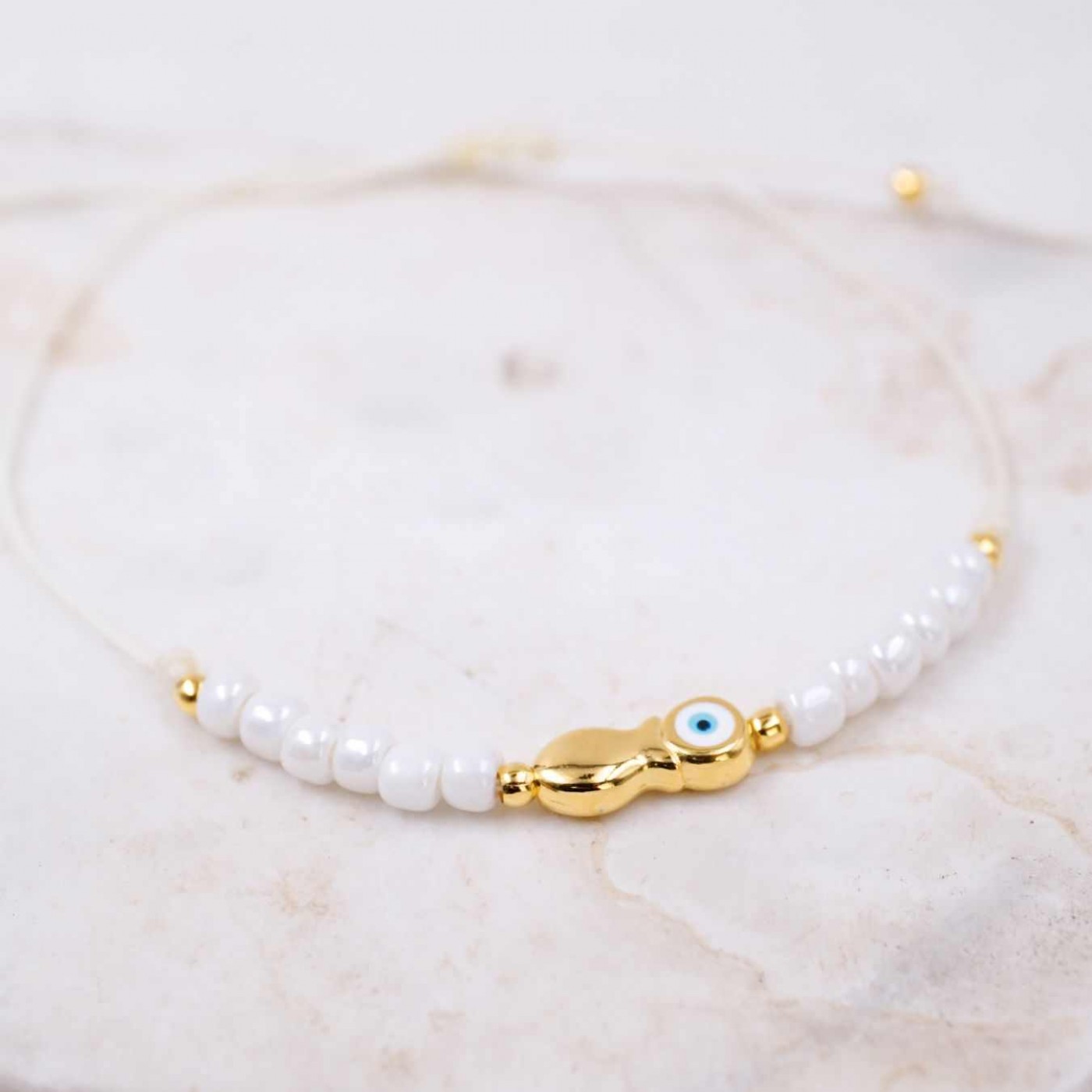 Macramé Bracelet with Gold-Plated Evil Eye & Fish | Handmade — Bracelets from Toolittle — additional view 4