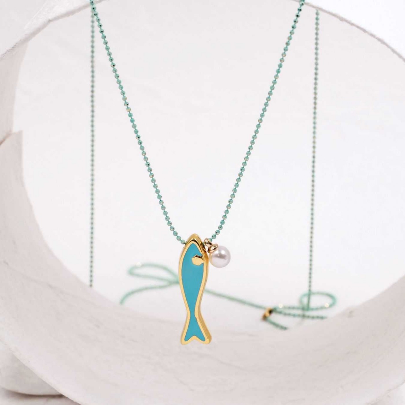 Gold-plated Long Necklace | Enamelled Fish Charm — Necklaces from Toolittle — additional view 2