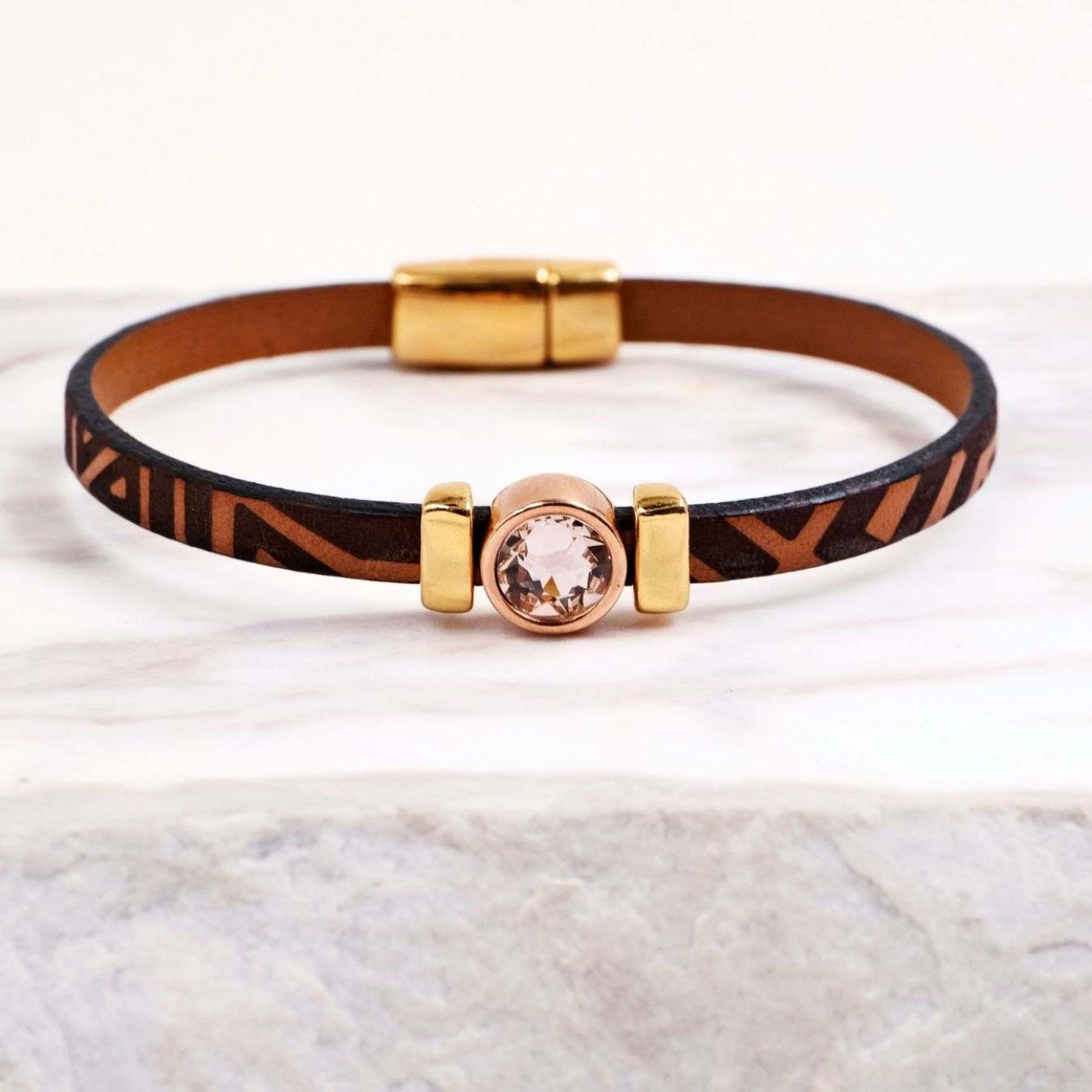 Swarovski Crystal Bracelet | Engraved Leather - Brown