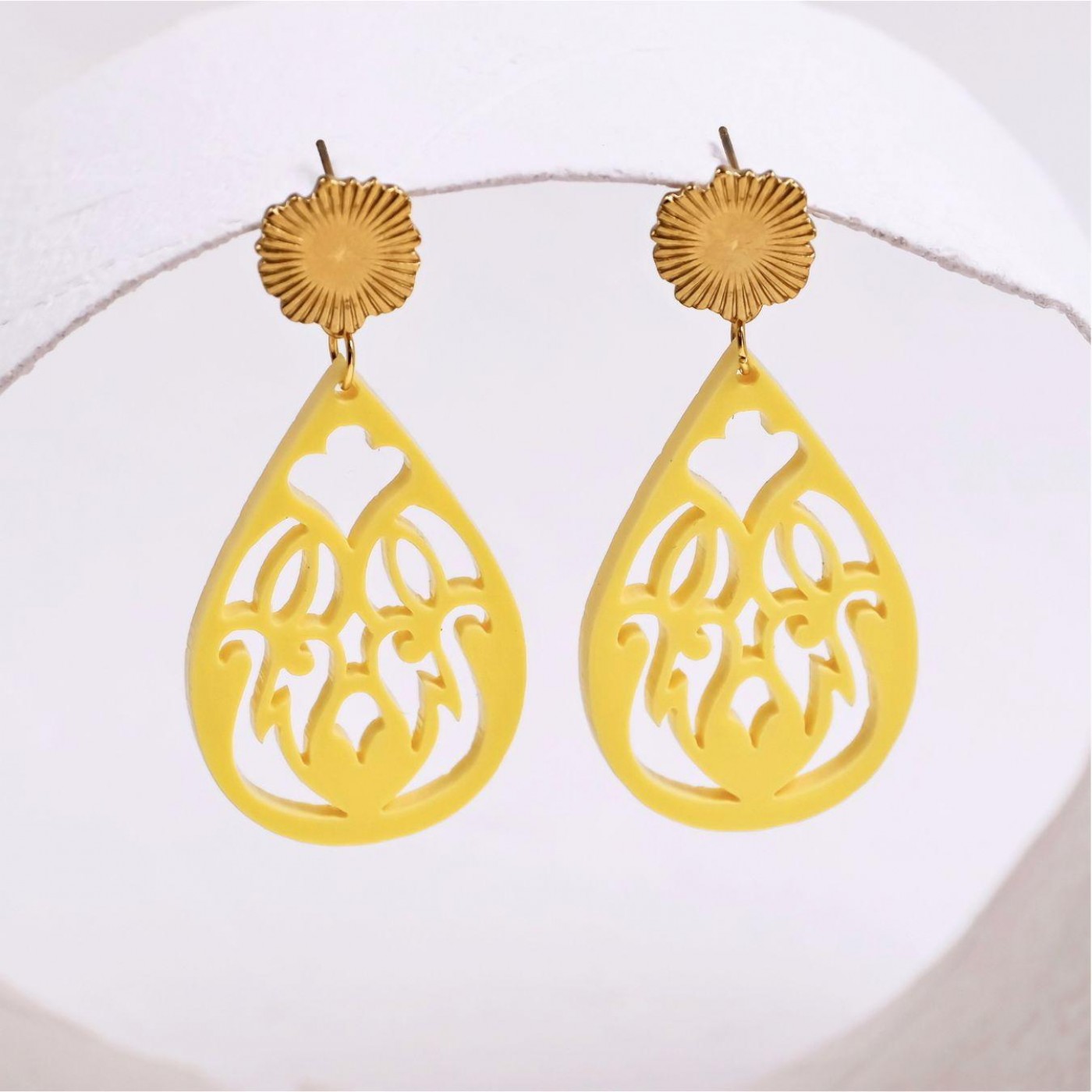 Gold-Plated Earrings | Resin Drops with Pattern - Yellow — Earrings from Toolittle — additional view 2