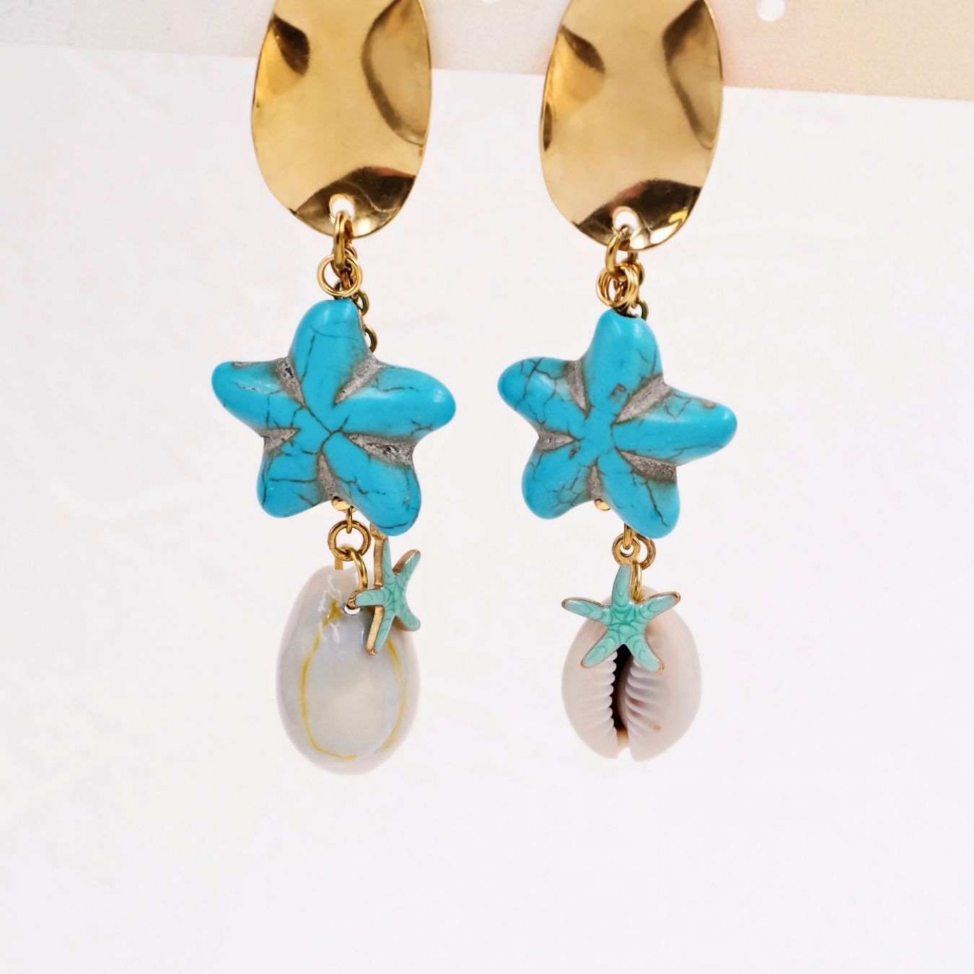 Stainless Steel Golden Earrings | Starfish & Cowrie Shells — Earrings from Toolittle — additional view 3