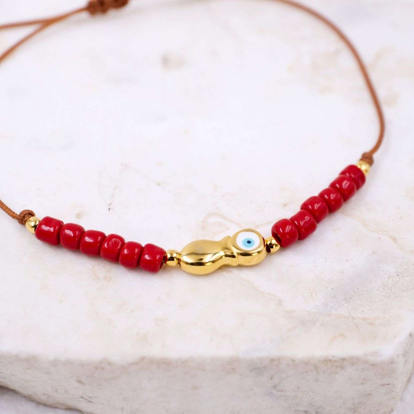 Macramé Bracelet with Gold-Plated Evil Eye & Fish | Handmade — Bracelets from Toolittle — additional view 2