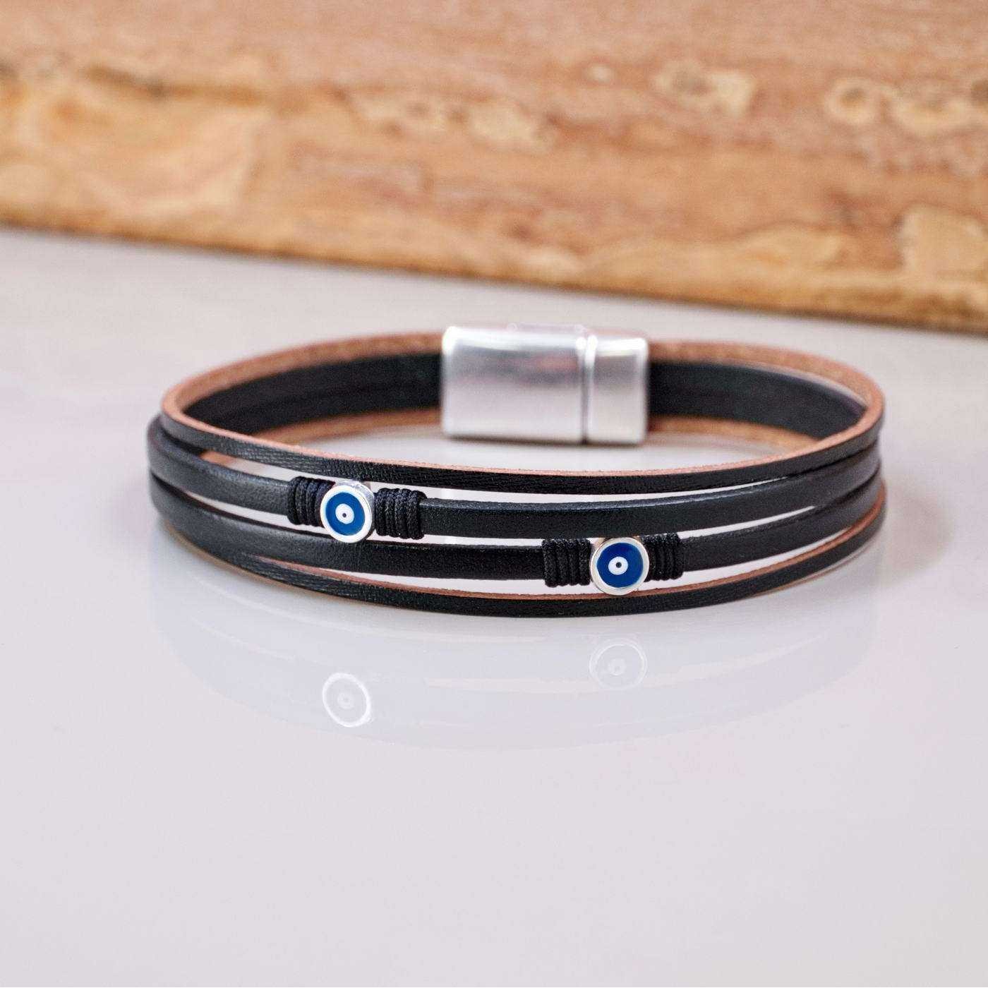 Leather Men's Bracelet with Evil Eyes — Bracelets from Toolittle — additional view 2