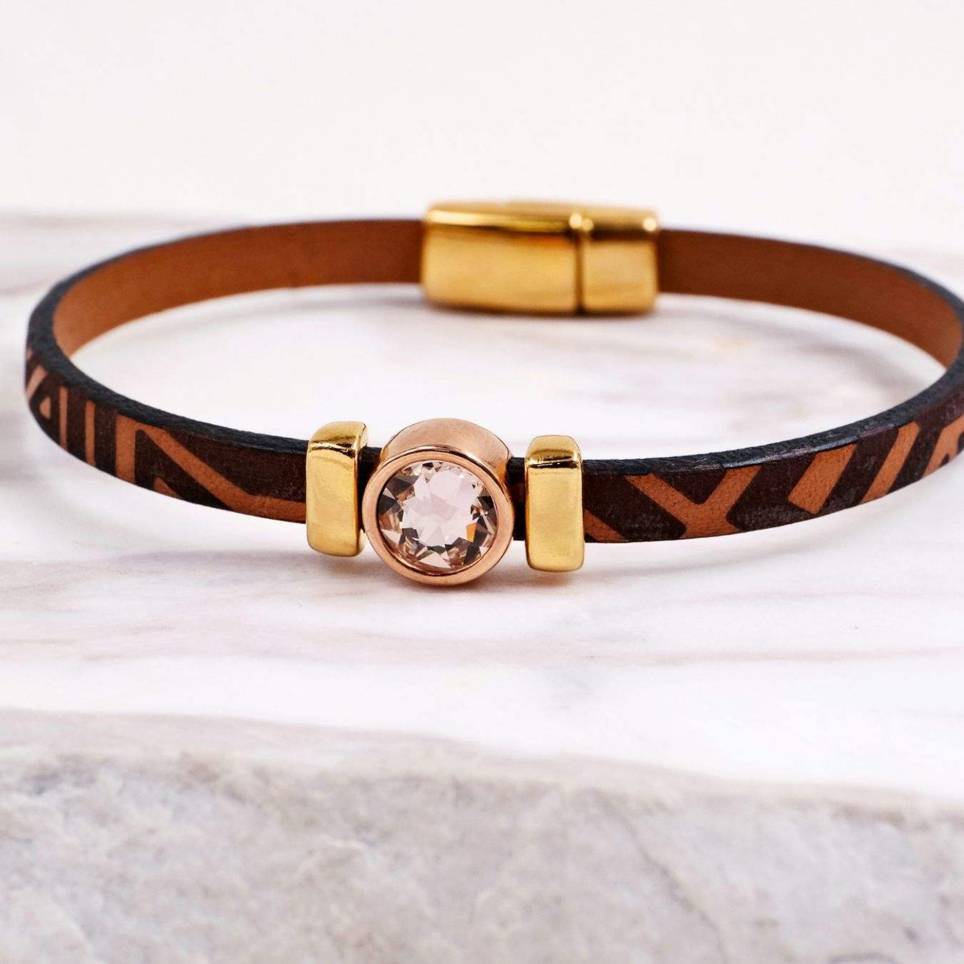 Swarovski Crystal Bracelet | Engraved Leather - Brown — Bracelets from Toolittle — additional view 3