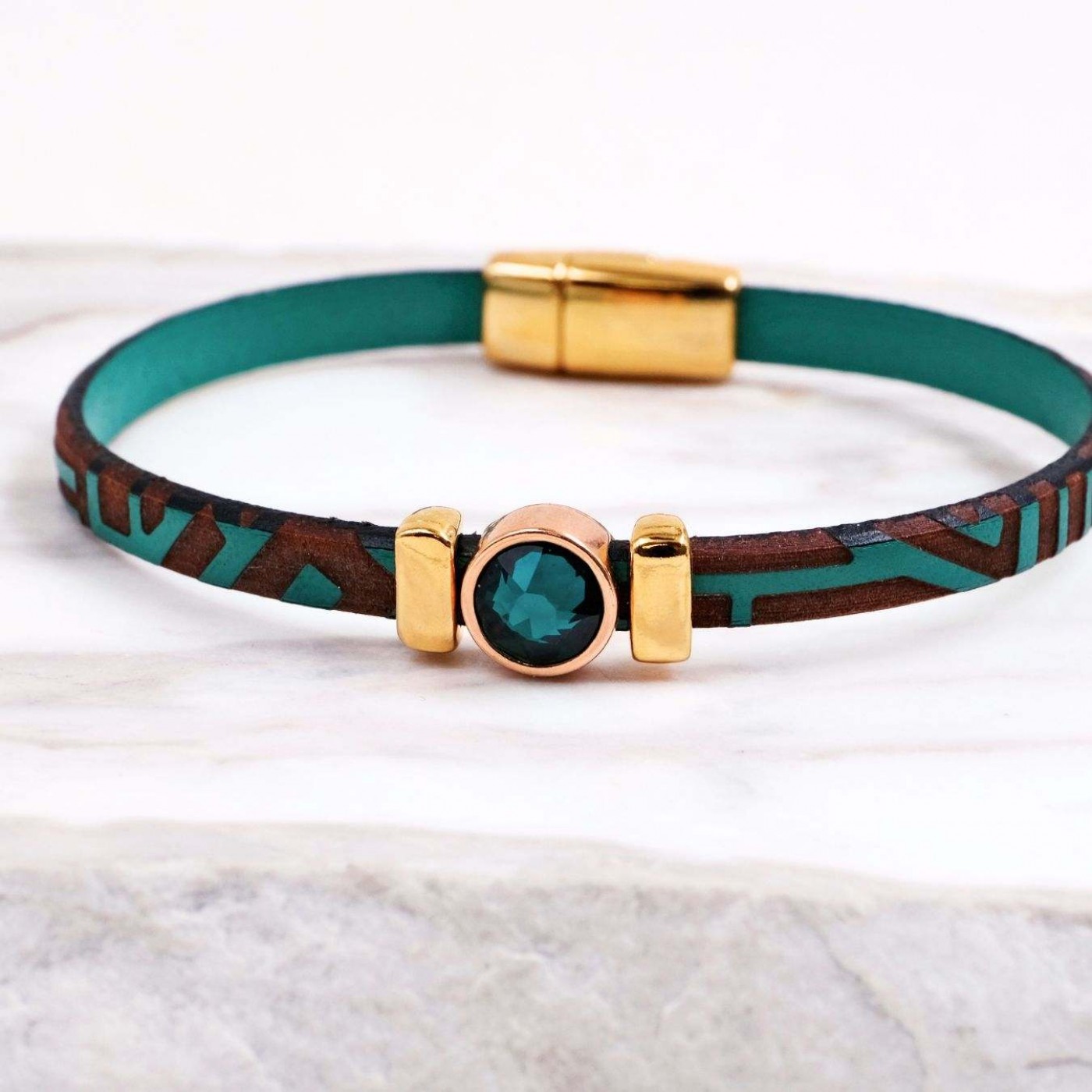 Swarovski Crystal Bracelet | Engraved Leather - Green — Bracelets from Toolittle — additional view 4