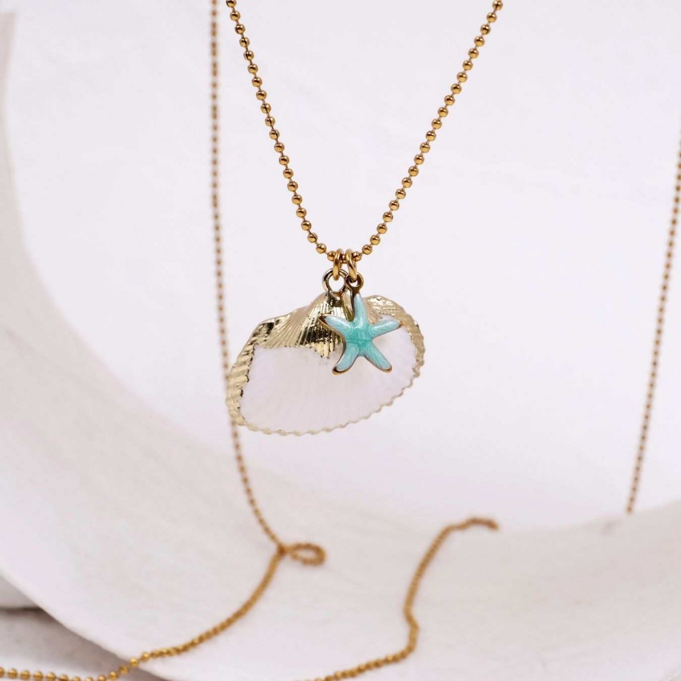 Gold-plated Long Necklace | Sea Shell & Enamelled Starfish — Necklaces from Toolittle — additional view 4