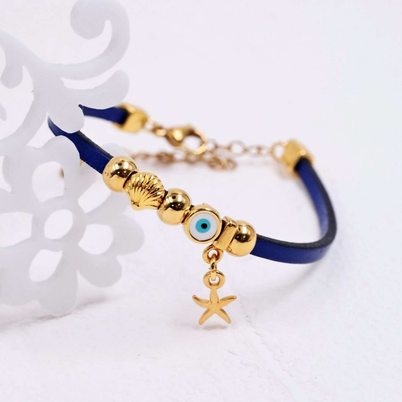Leather Bracelet | Evil Eye & Metal Sea Charms - King Blue