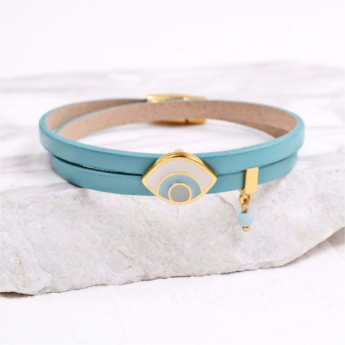 Double-wrapped Leather Bracelet - Enamelled Evil Eye — Bracelets from Toolittle — additional view 3