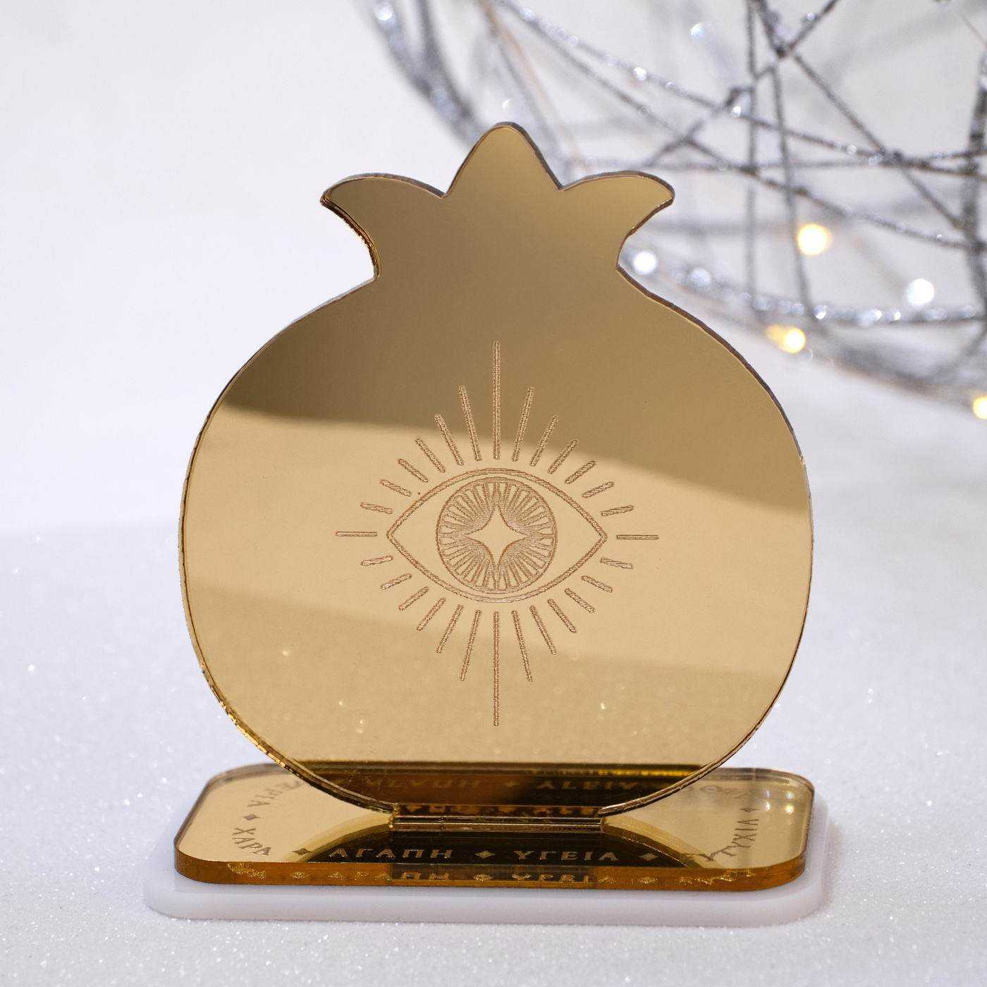 Gold Mirror Plexiglass Tabletop Charm 2026 'Mystique' - Pomegranate & Evil Eye — Pendants & charms from Toolittle — additional view 3