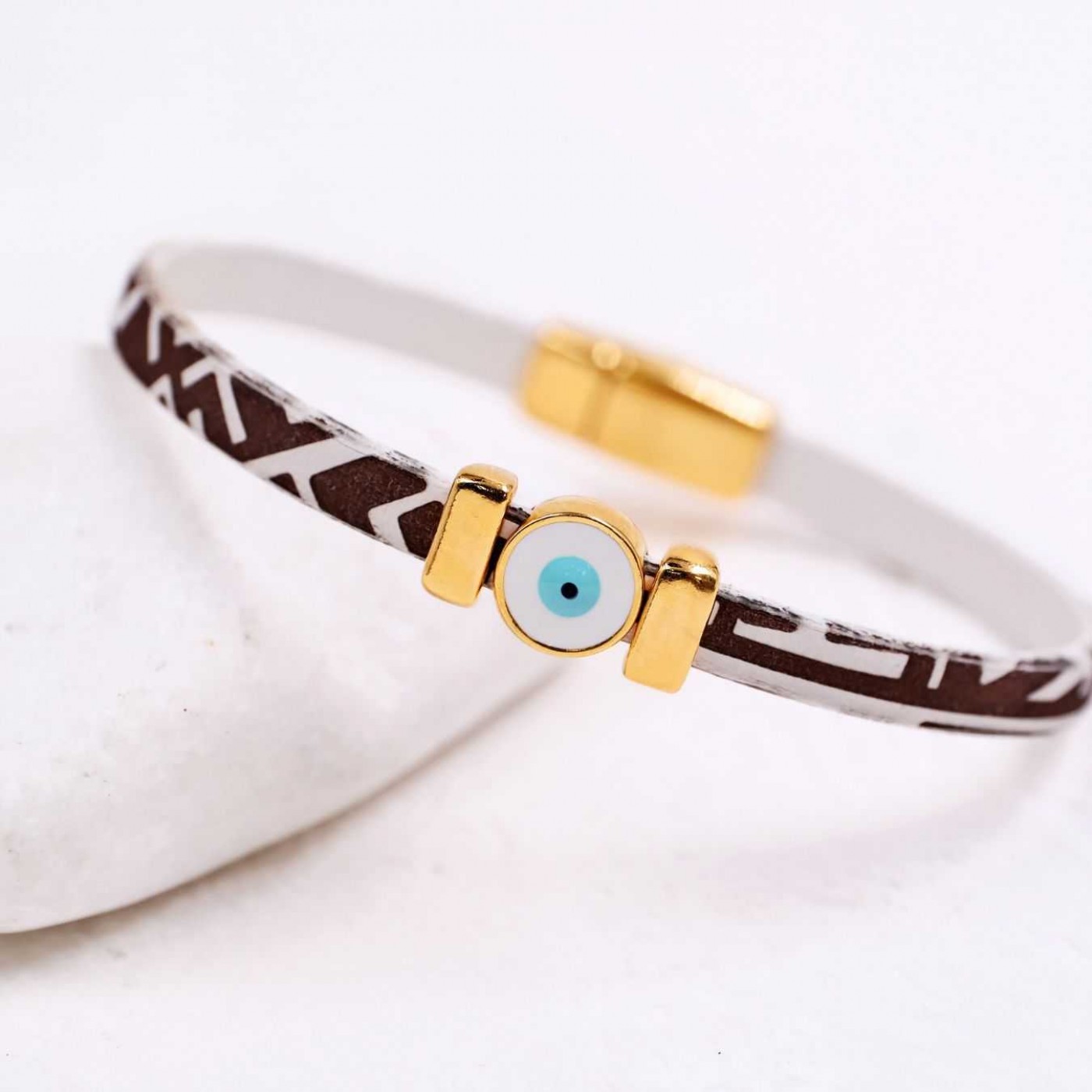 Evil Eye Bracelet | Engraved Leather - White Brown — Bracelets from Toolittle — additional view 2