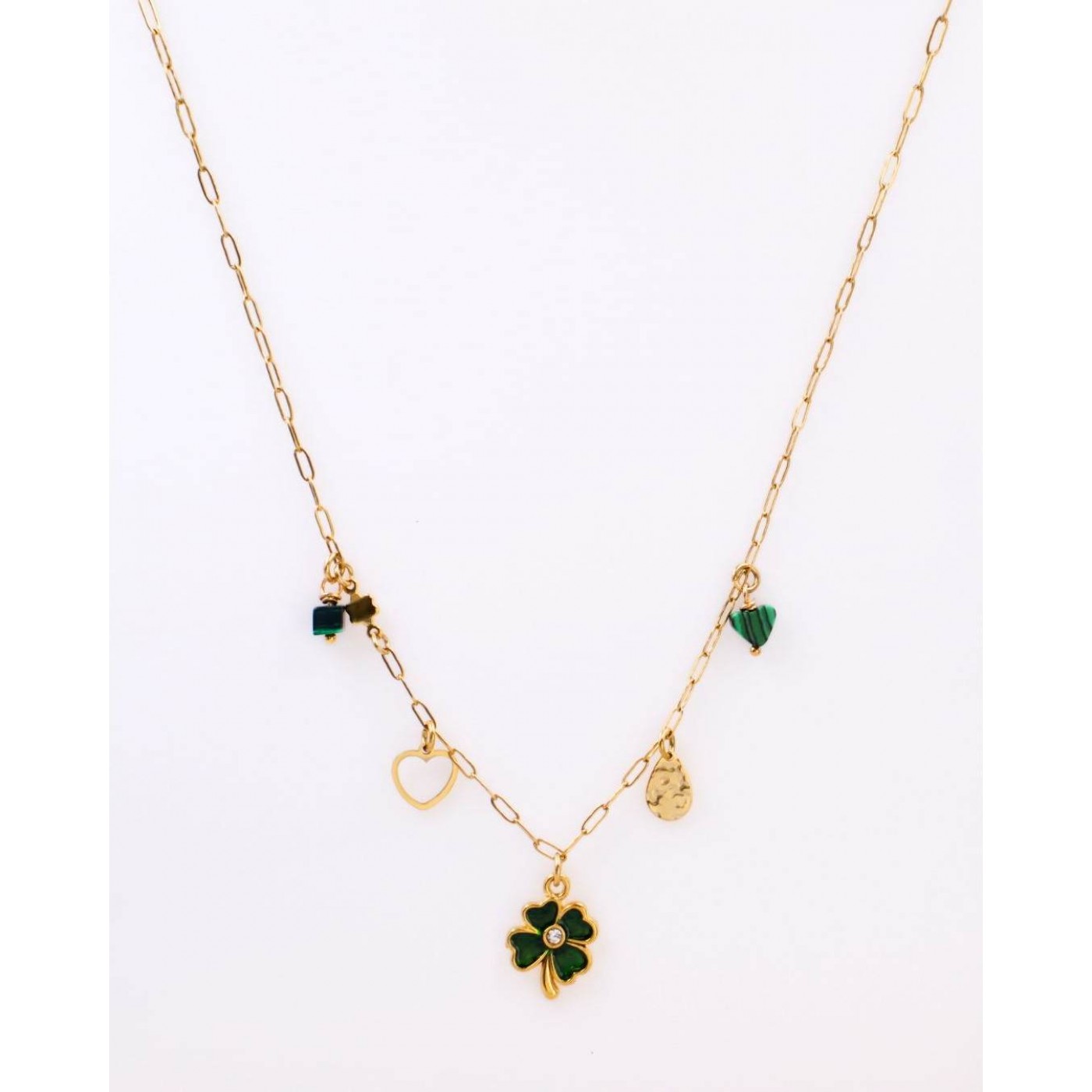 Steel Charms Necklace - Four Leaf Clover & Malachite — Necklaces from Toolittle — additional view 2
