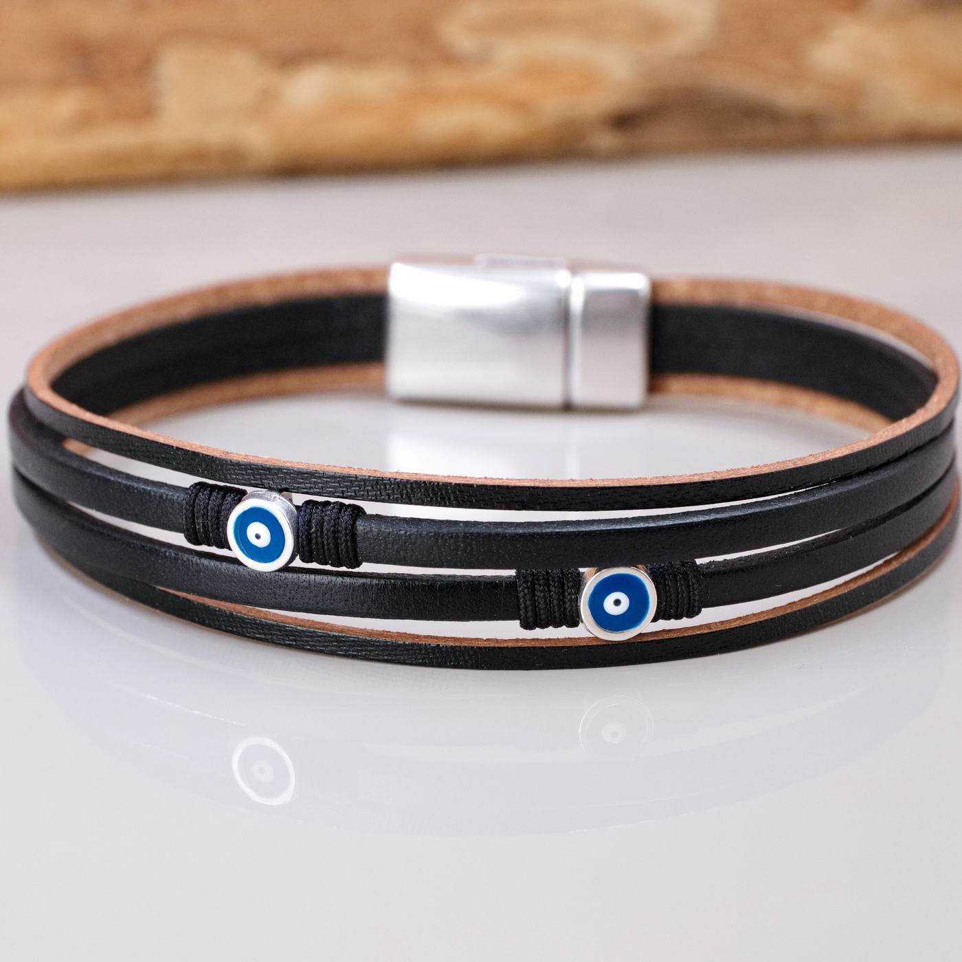 Leather Men's Bracelet with Evil Eyes — Bracelets from Toolittle — additional view 3