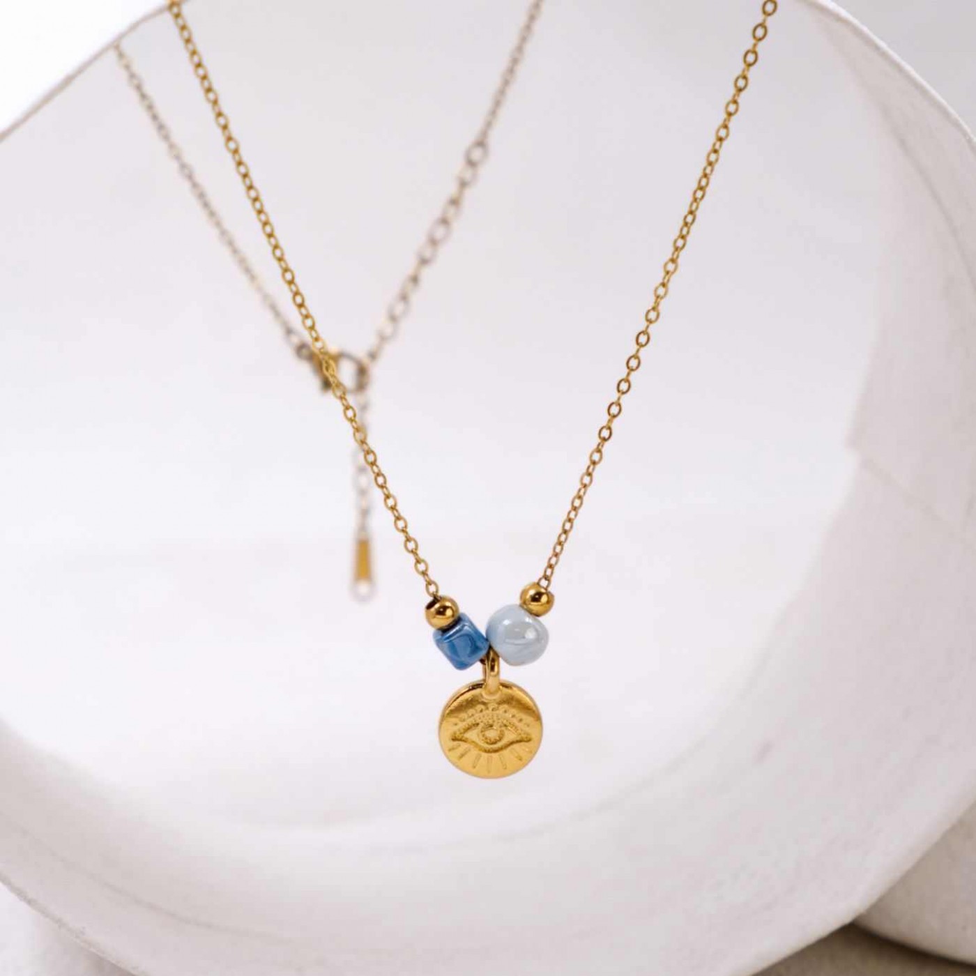 Handmade Gold-plated Necklace: Evil Eye & Ceramic Beads — Necklaces from Toolittle — additional view 3