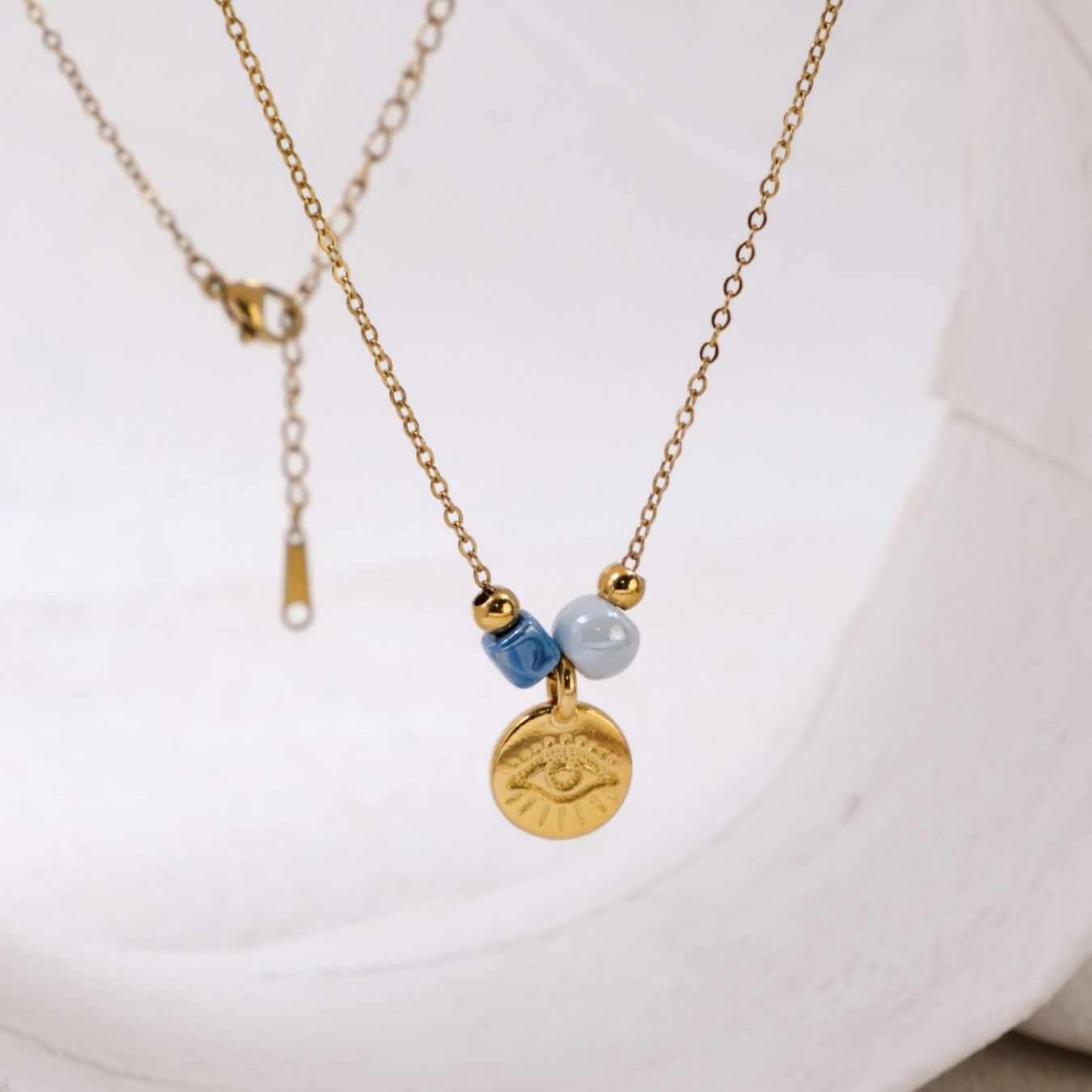 Handmade Gold-plated Necklace: Evil Eye & Ceramic Beads — Necklaces from Toolittle — additional view 5