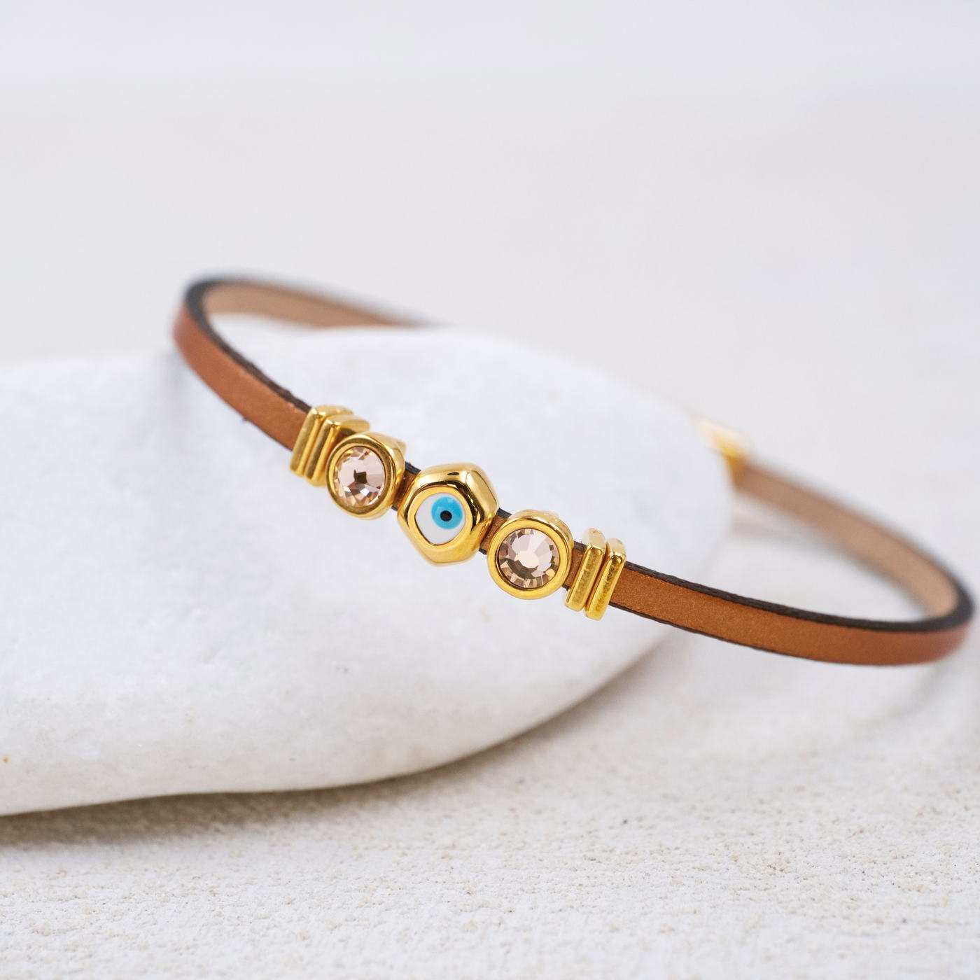 Evil Eye & Crystals Leather Bracelet