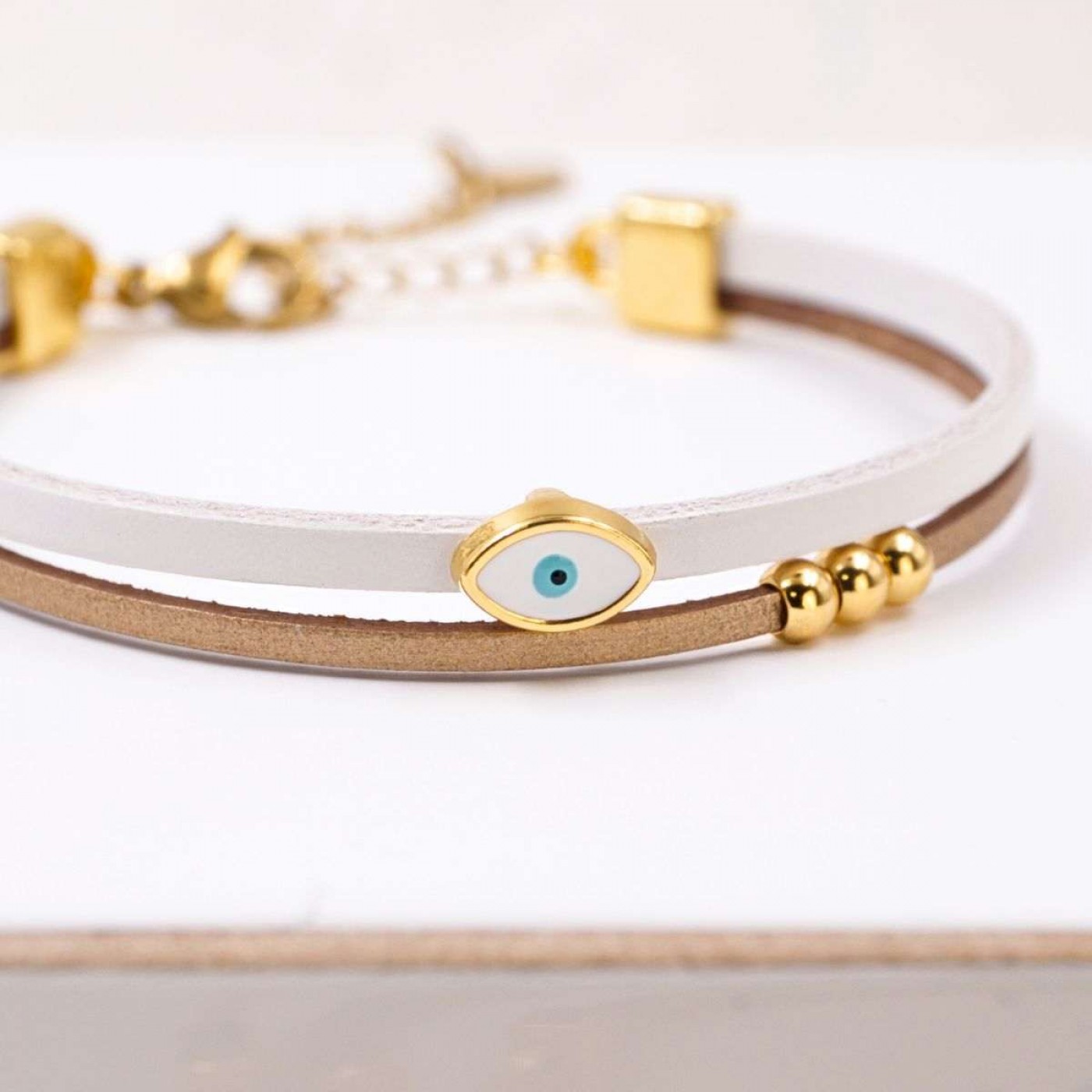 Handcrafted Leather Bracelet with Gold-Plated Enamel Evil Eye — Bracelets from Toolittle — additional view 3