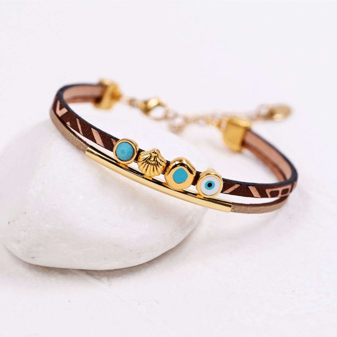 Engraved Leather Bracelet | Sea Shell & Enamelled Evil Eye — Bracelets from Toolittle — additional view 2