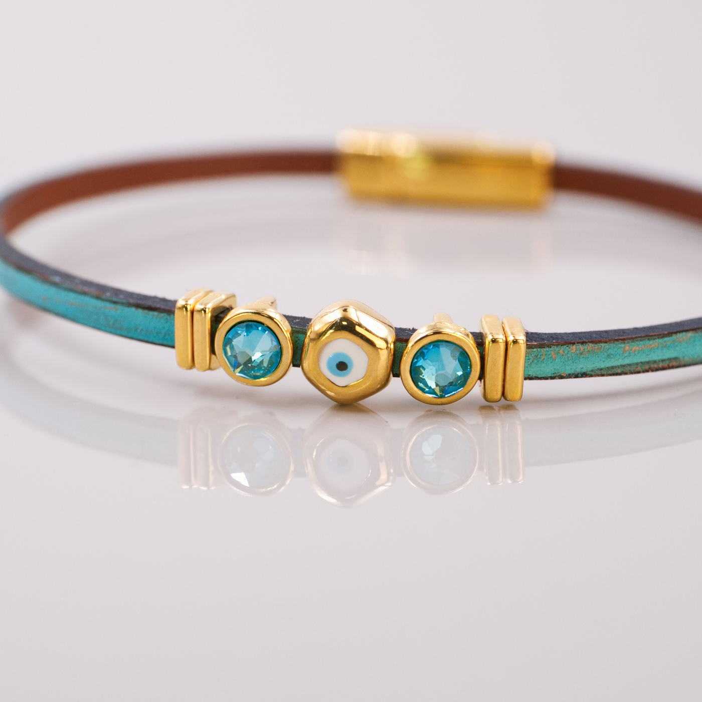Evil Eye & Crystals Leather Bracelet