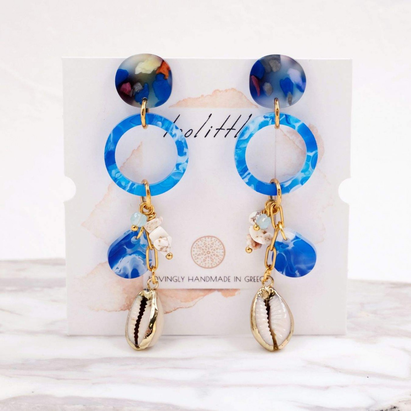 Stainless Steel Golden Earrings | Plexiglass & Cowrie Shells — Earrings from Toolittle — additional view 2