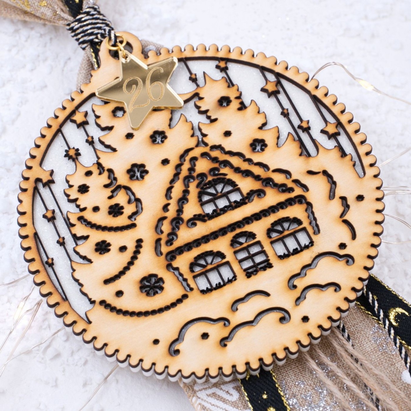 Handmade 2026 Lucky Charm – Wooden Disc with Christmas House — Pendants & charms from Toolittle — additional view 2