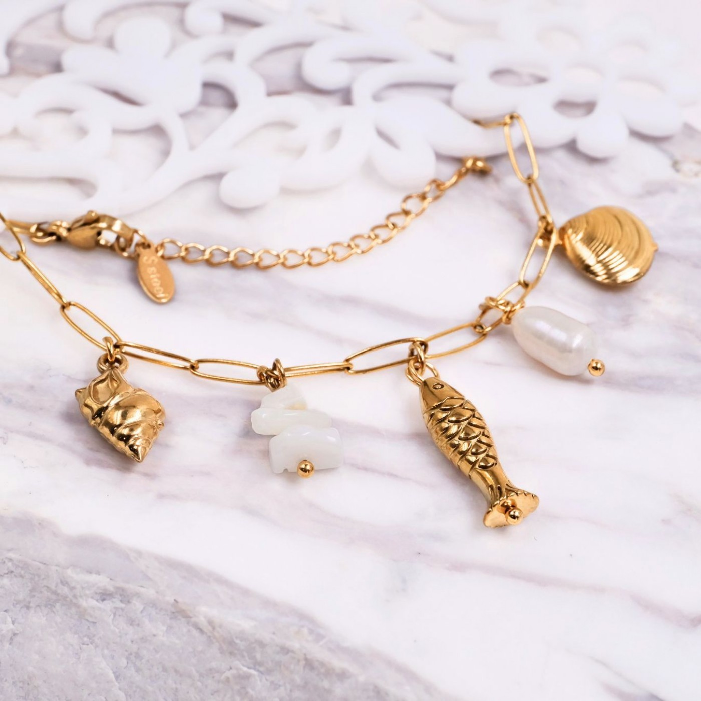 Stainless Steel Jewelry: Metal Fish & Fresh Water Pearl Bracelet — Bracelets from Toolittle — additional view 3
