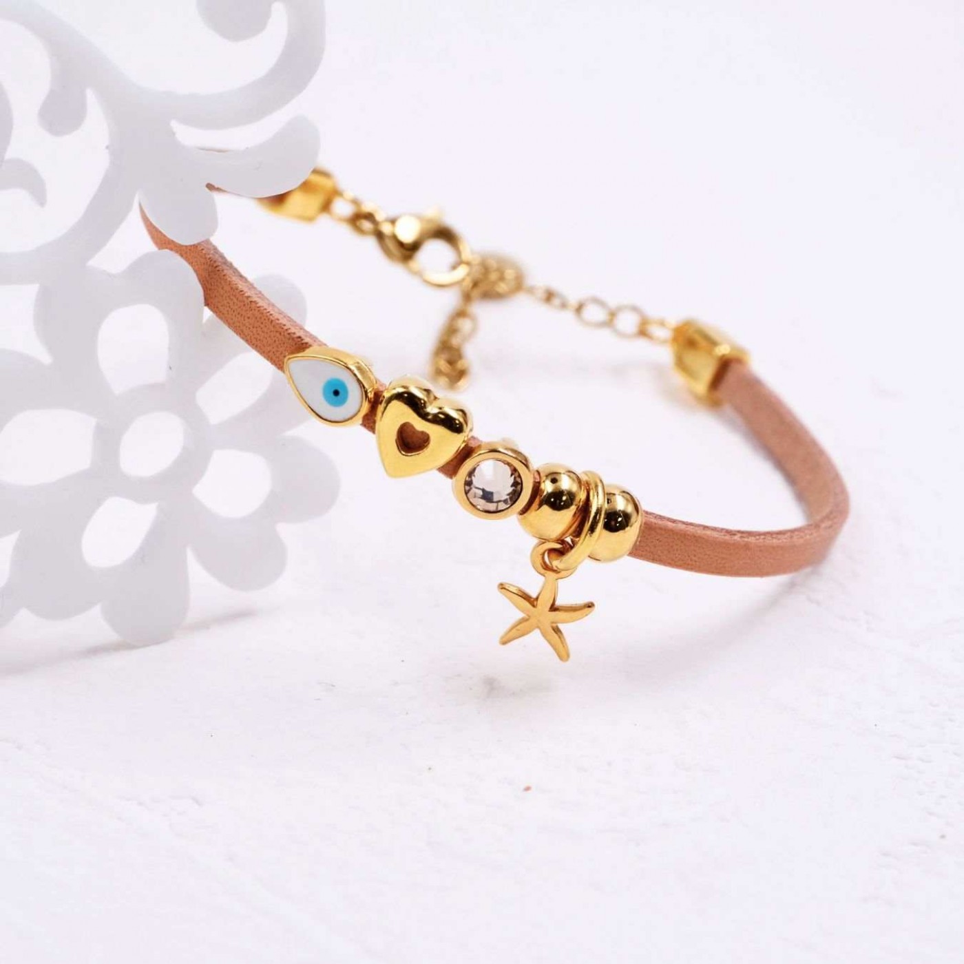 Leather Bracelet | Evil Eye Drop & Starfish - Beige — Bracelets from Toolittle — additional view 3
