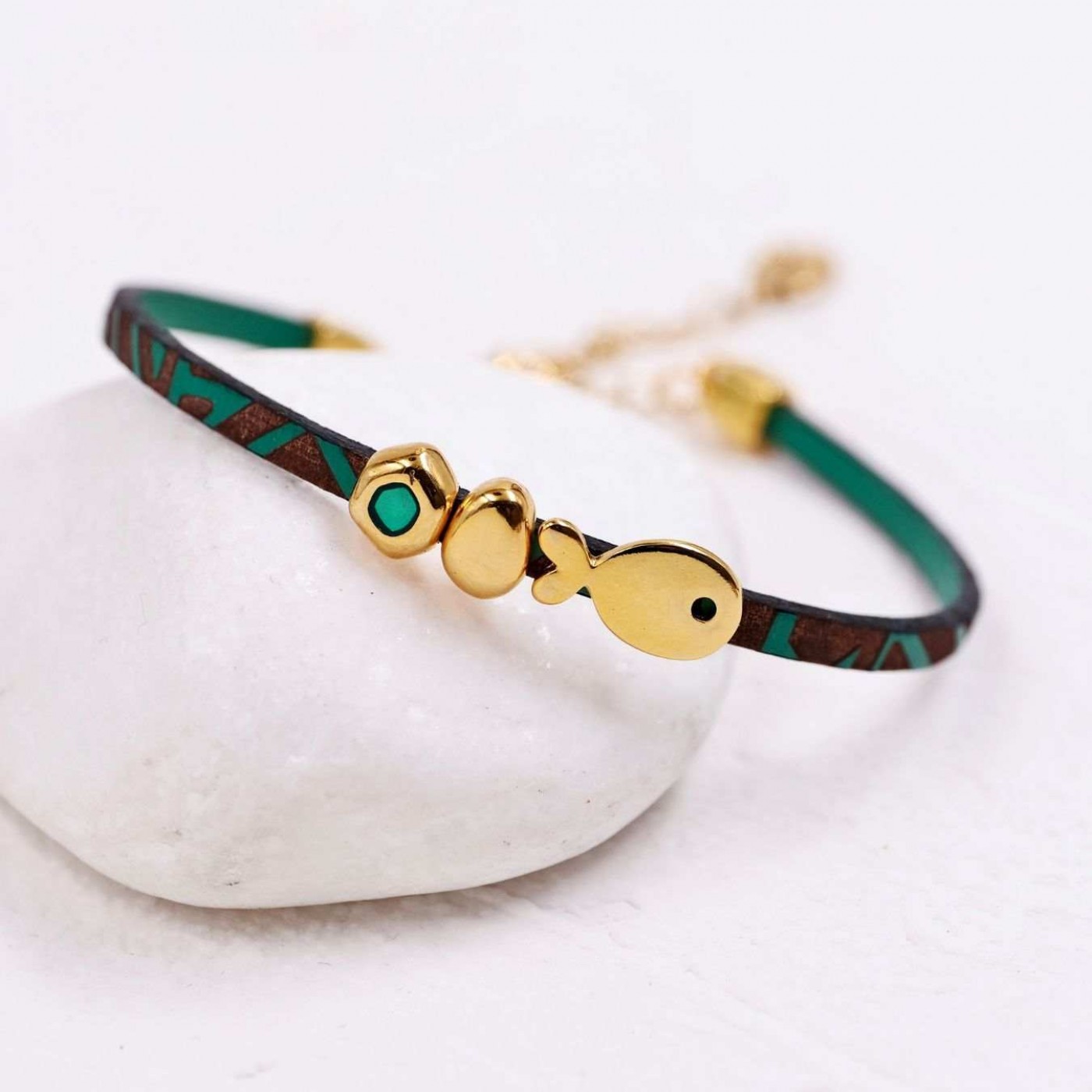 Gold-plated Fish Bracelet | Engraved Leather - Green — Bracelets from Toolittle — additional view 5
